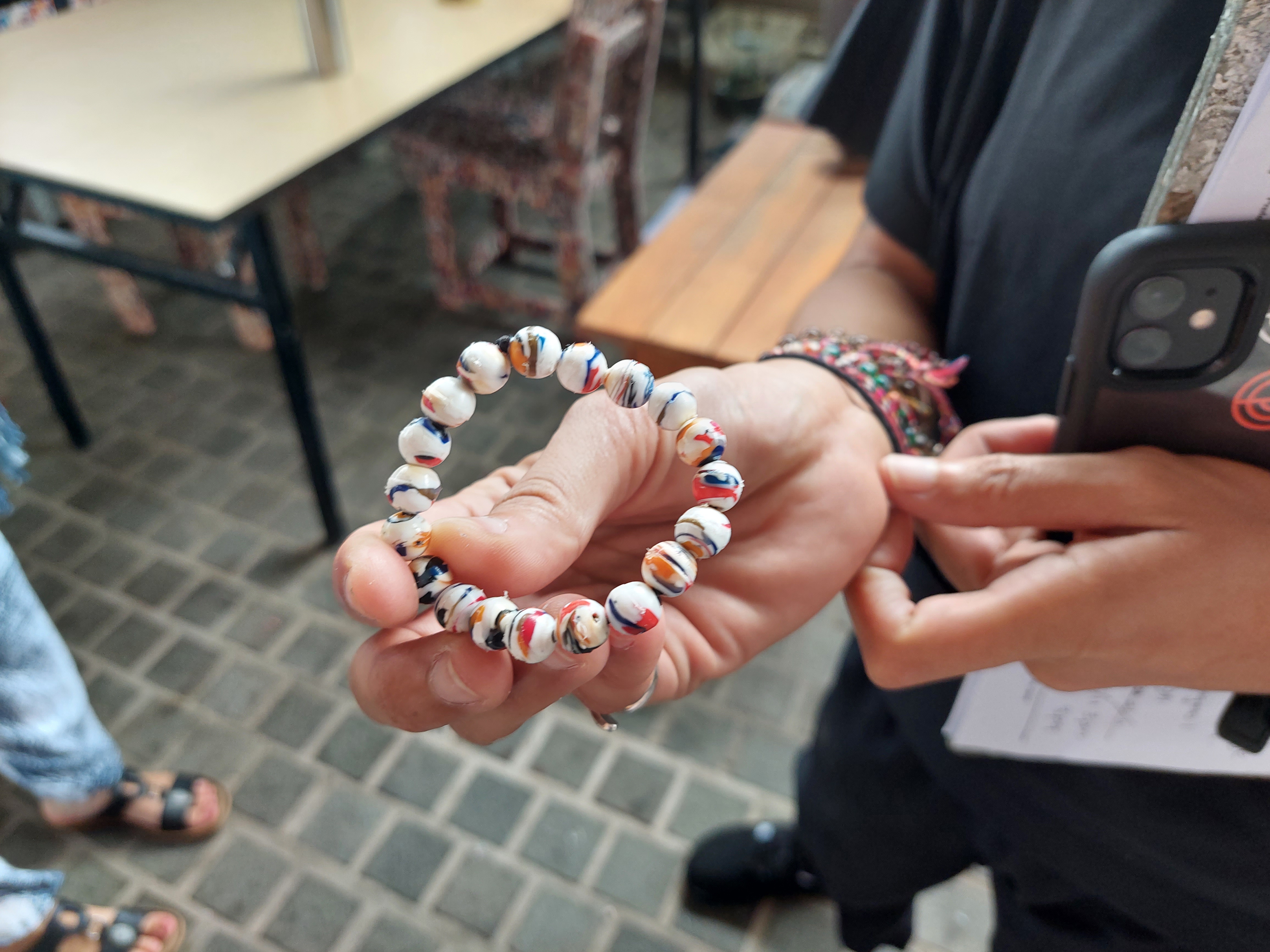 One of the bead bracelets Potato Head guests are gifted on departure. Each bead is hand-crafted from recycled bottle caps.