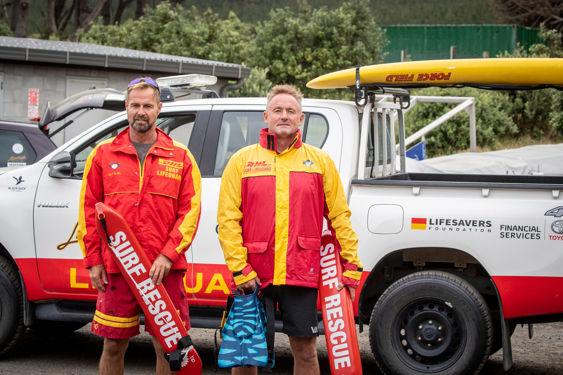 Muriwai volunteer lifeguards, from left, Glenn Gowthorpe and Nigel Sorenson, who responded to the fatal skydiving accident last night. Photo / Michael Craig