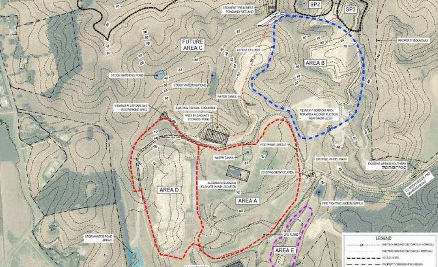 The layout of the landfill, including the proposed expansion site Area B. 