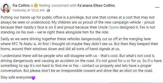 Fia Collins' post on Facebook.