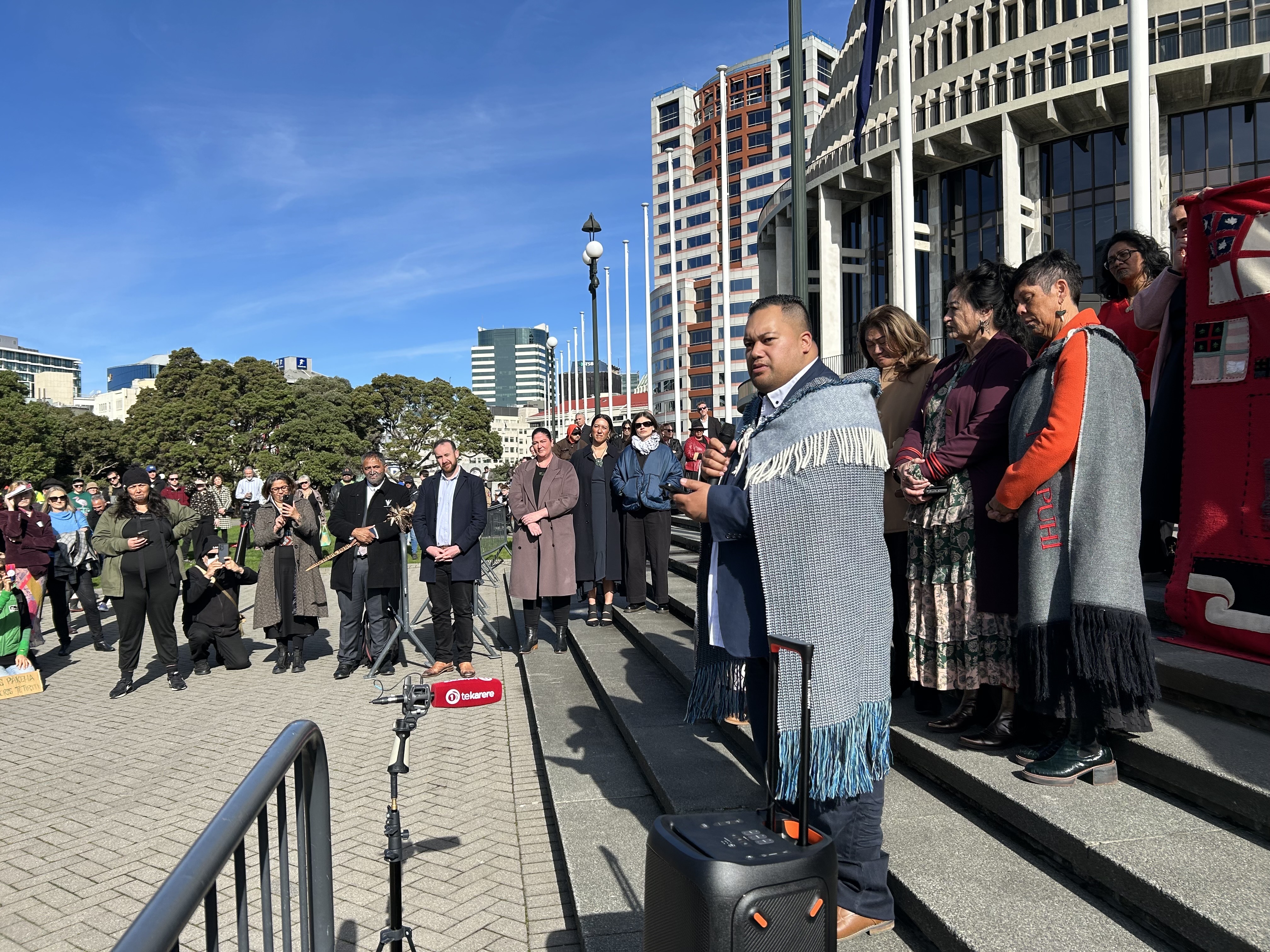 Te Rūnanga a Iwi o Ngāpuhi chairman Mane Tahere speaks to the crowd at Parliament during the protest. Photo / Adam Pearse