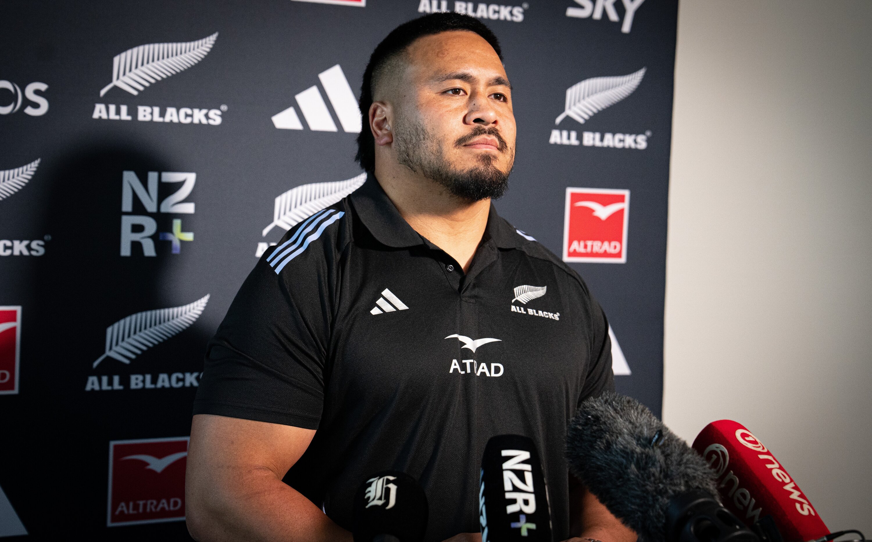  Asafo Aumua at All Blacks press conference in Auckland ahead of their Northern Tour. New Zealand herald photograph by Alyse Wright 16 October 2024