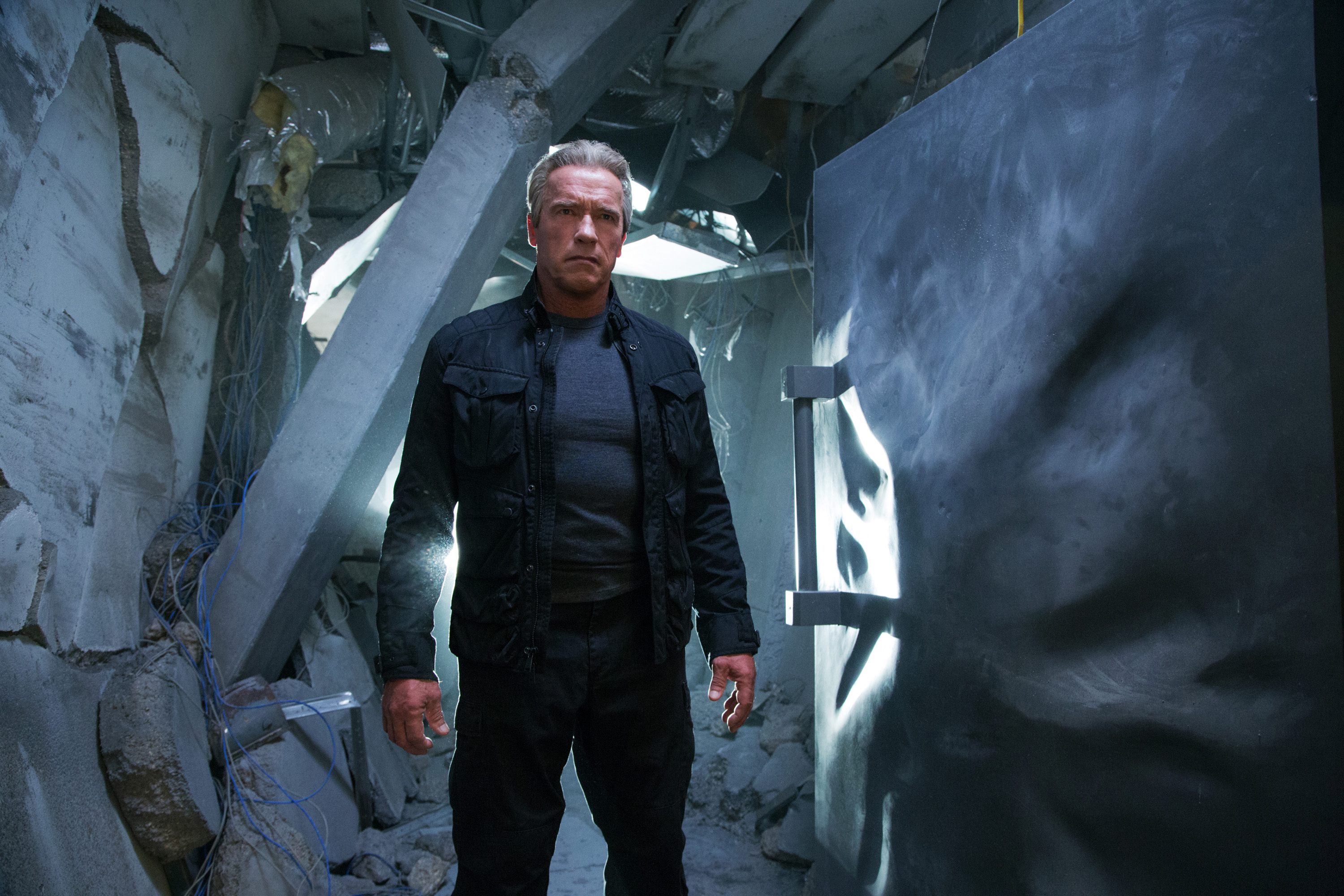 Arnold Schwarzenegger as the Terminator in the movie Terminator: Genisys.