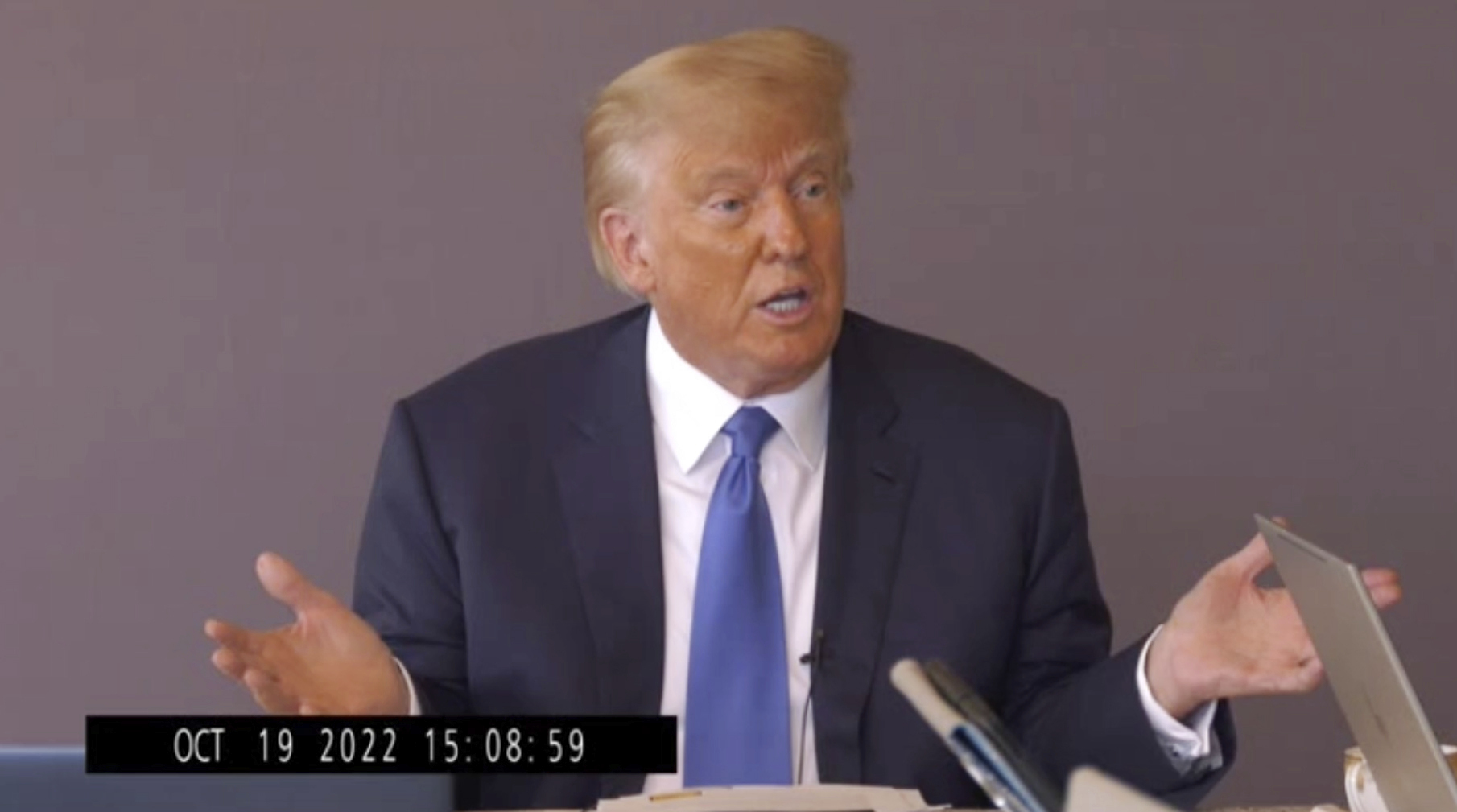 Former President Donald Trump answers questions during his October 19, 2022 deposition for his trial against writer E. Jean Carroll. Photo / Kaplan Hecker & Fink via AP