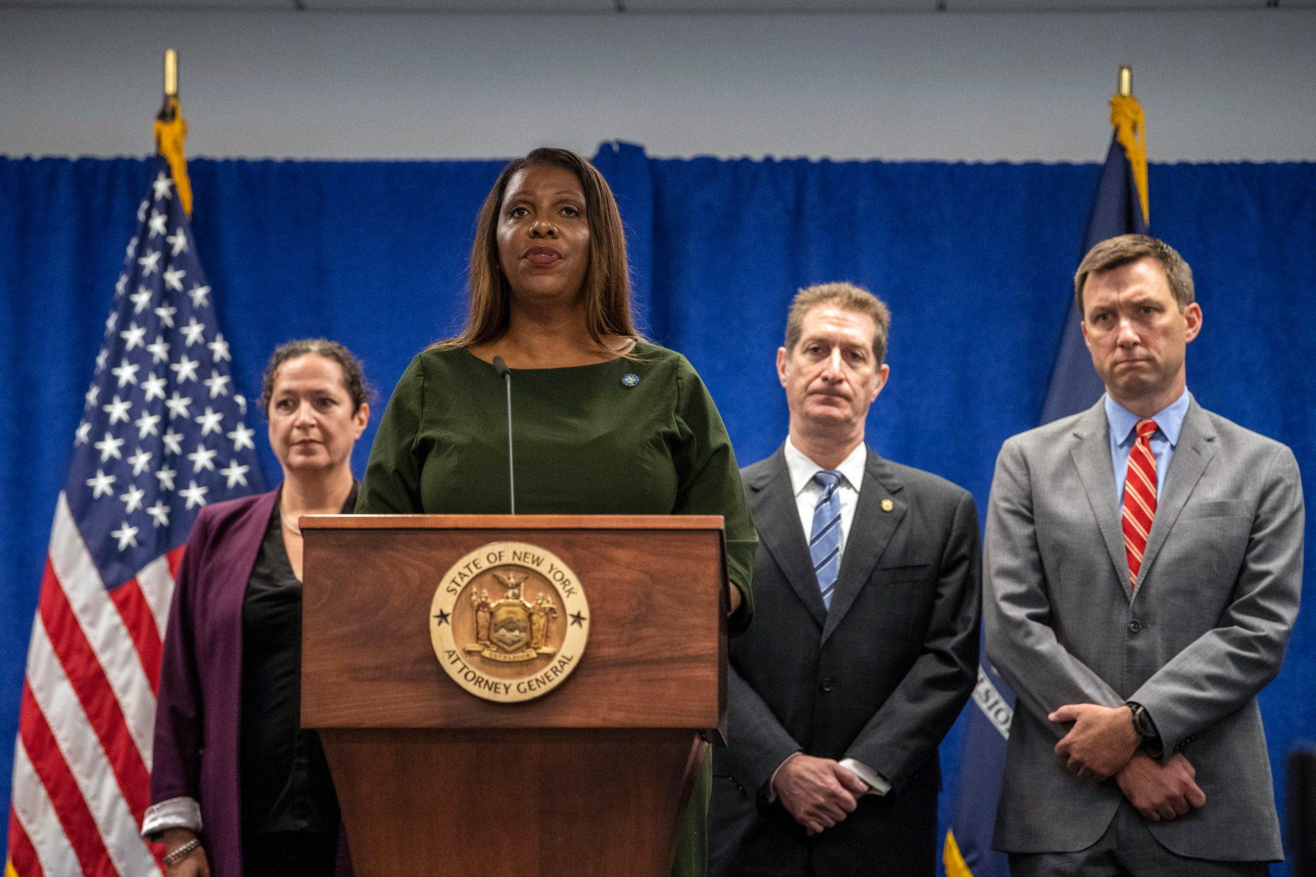 New York Attorney General Letitia James announces the action being taken again former President Donald Trump and his companies. Photo / Brittainy Newman, AP