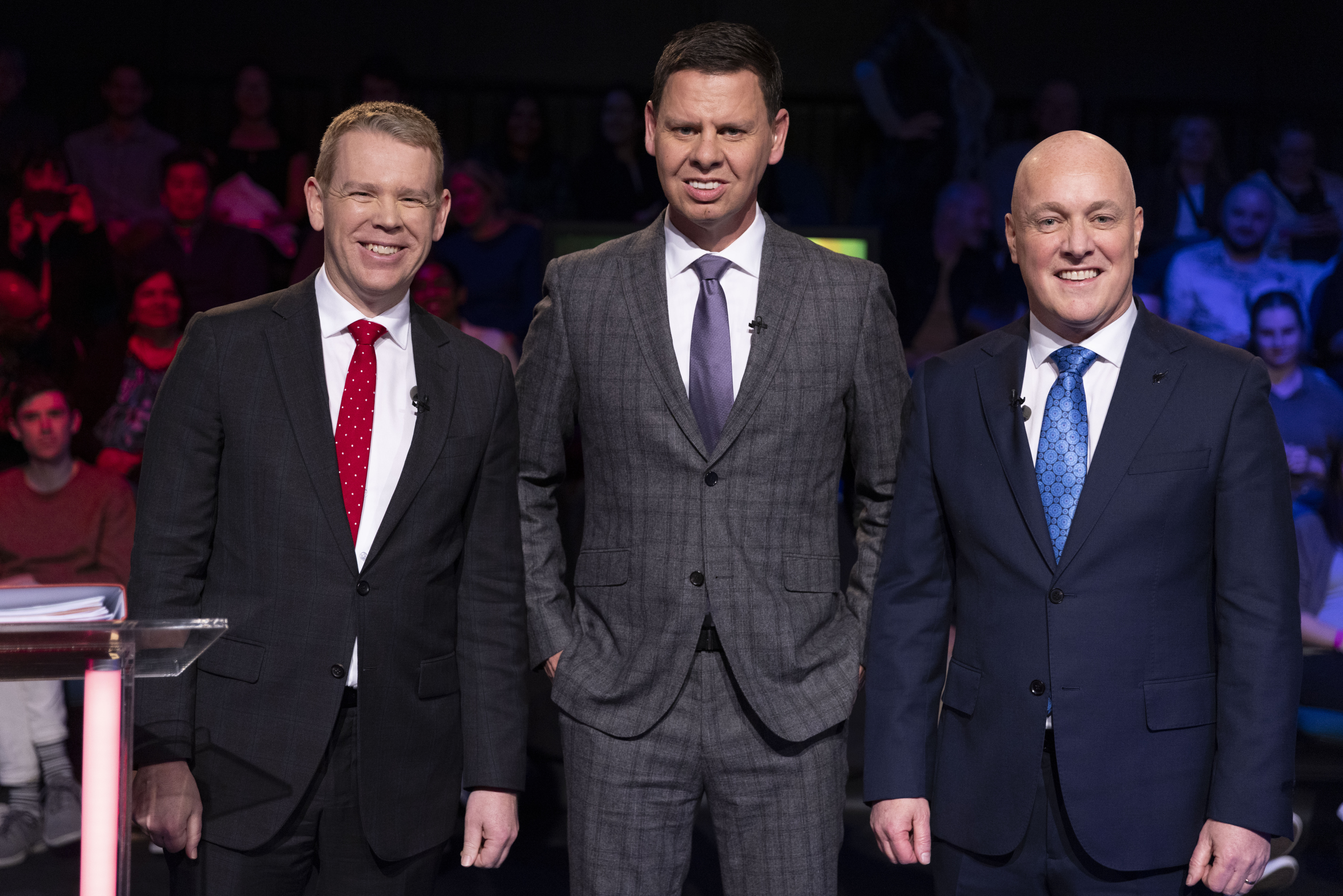 Moderator Paddy Gower with Prime Minister Chris Hipkins and National Party leader Christopher Luxon after Wednesday's debate. Photo / Newshub