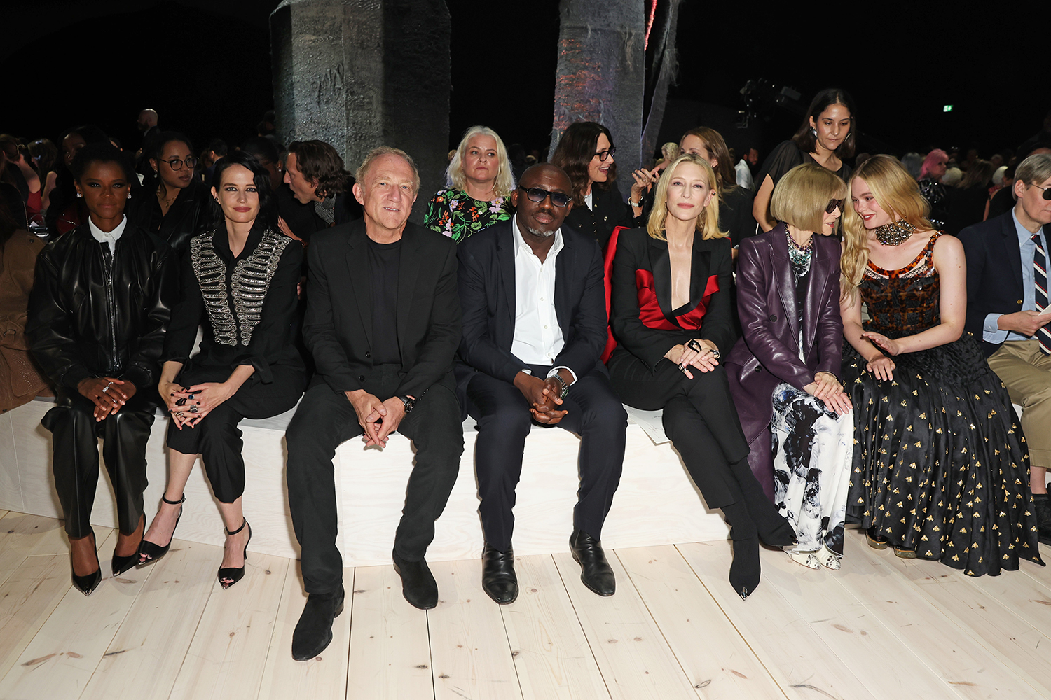From left to right: Letitia Wright, Eva Green, Francois-Henri Pinault, Edward Enninful, Cate Blanchett, Anna Wintour and Elle Fanning attend the Alexander McQueen spring/summer 2024 show during Paris Fashion Week. Photo / Getty Images