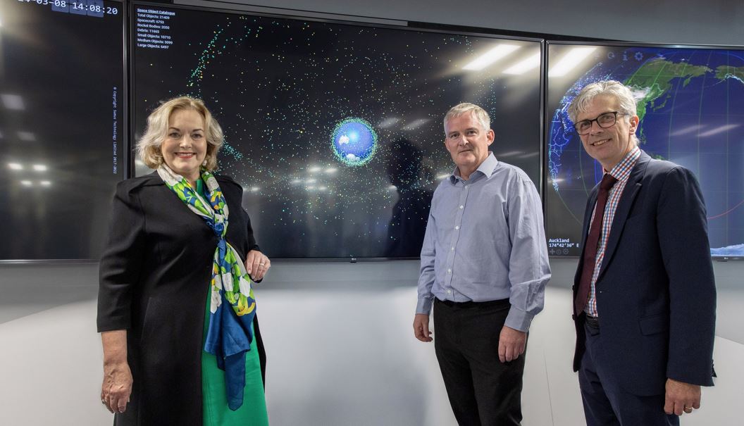 Minister for Space and Science, Innovation and Technology Judith Collins KC at the Space Institute at the University of Auckland with Mission Operations Control Centre director Chris Jackson (centre) and deputy vice-chancellor research Professor Frank Bloomfield.