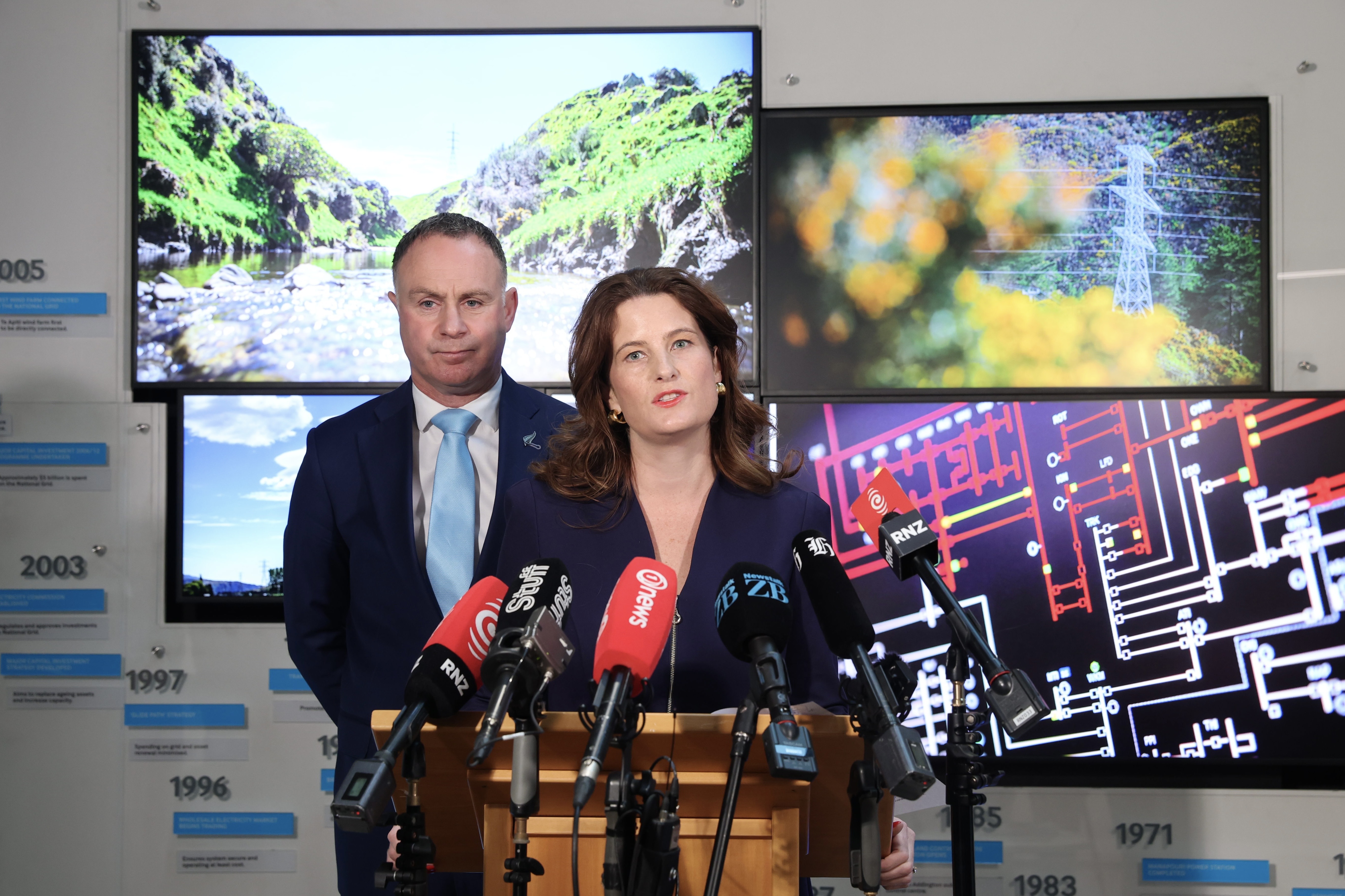 Economic Growth Minister Nicola Willis and Energy and Resources Minister Simon Watts speaking in Wellington to reveal measures to avoid power crisis after lengthy review. NZ Herald photo by Mark Mitchell