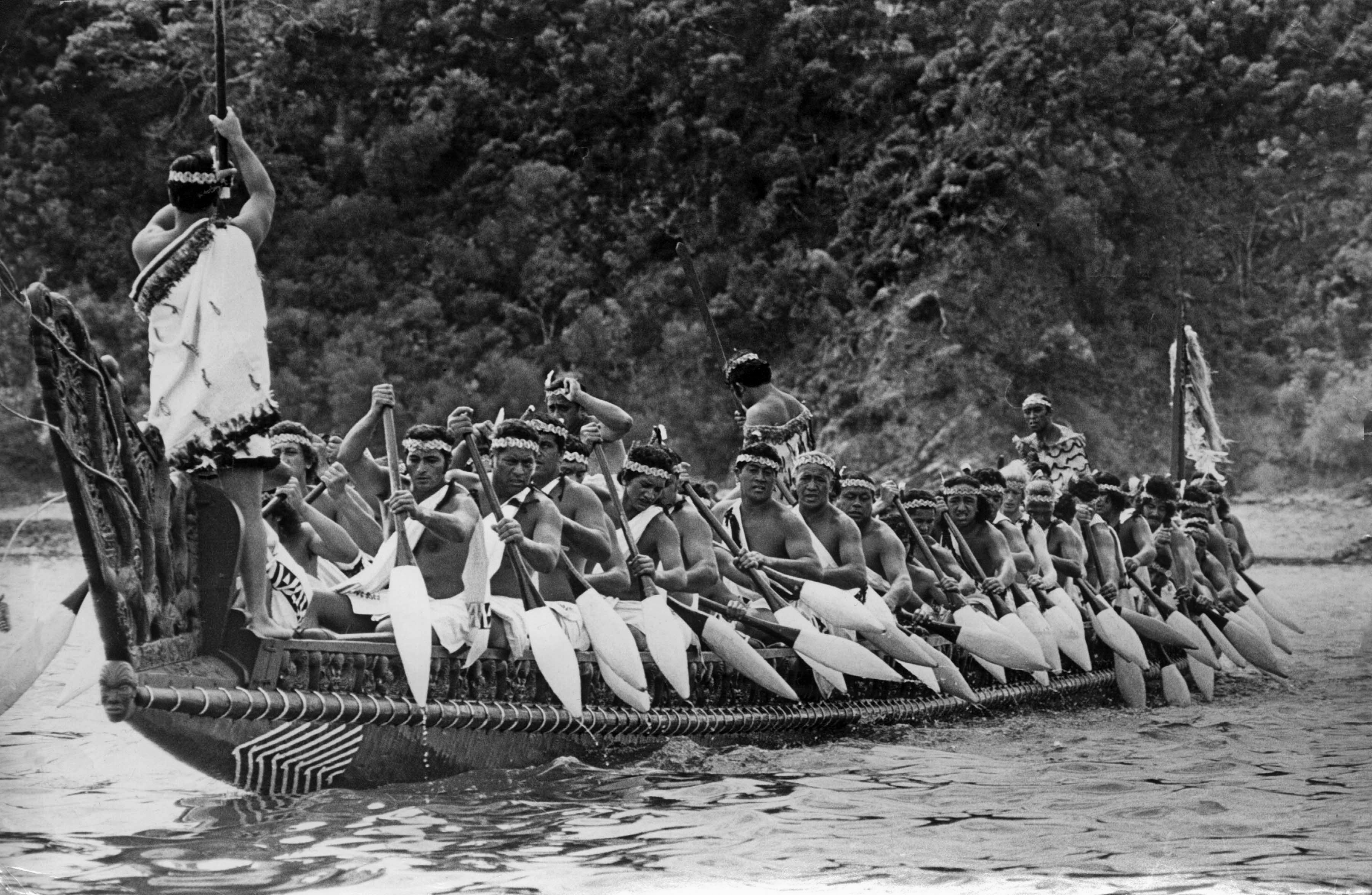 Maori warriors paddling the 117 foot waka, Nga Toki Matawhaorua in 1974.