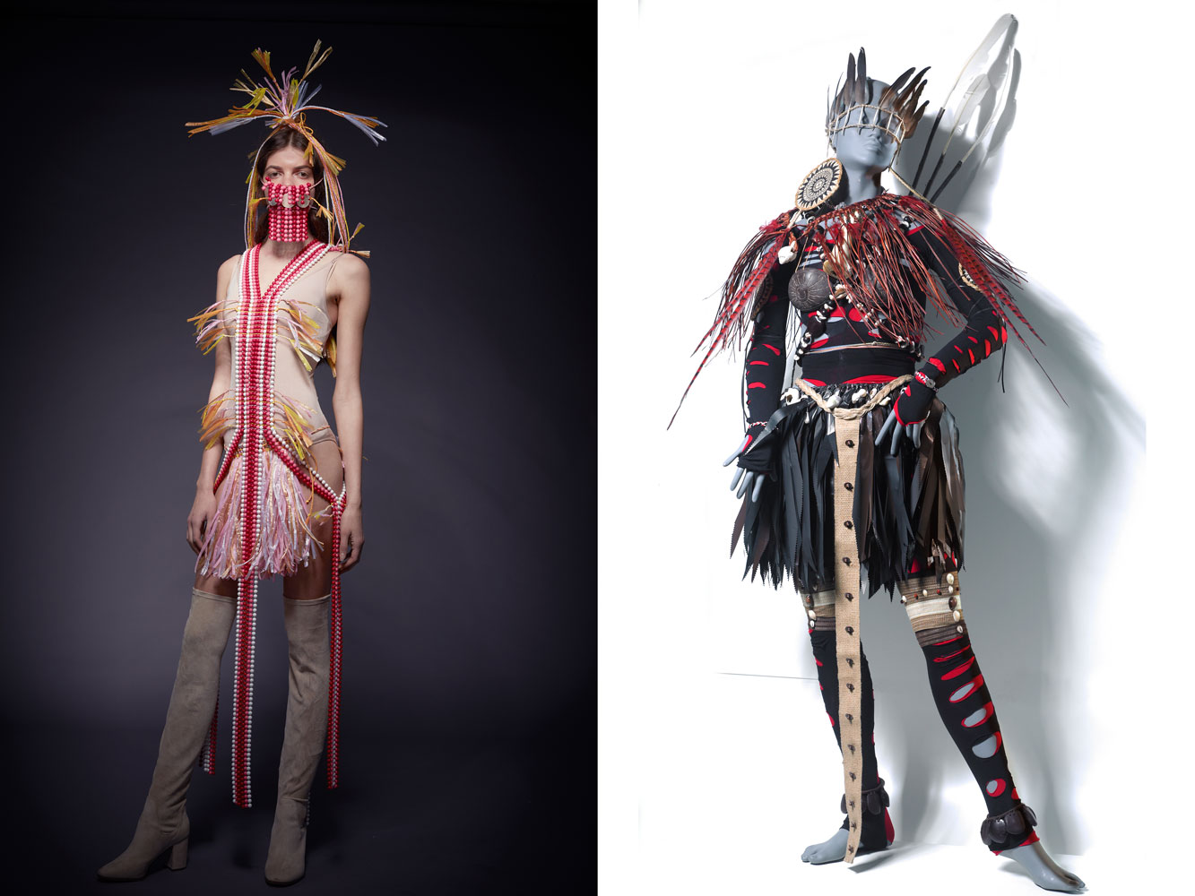 Left: A costume by Pacific Sister Feeonaa Wall from the NZ Fashion Museum and Blikfang Gallery. Right: 21st Sentry Cyber Sister, 1997. Pictures / Fraser Chatham, supplied