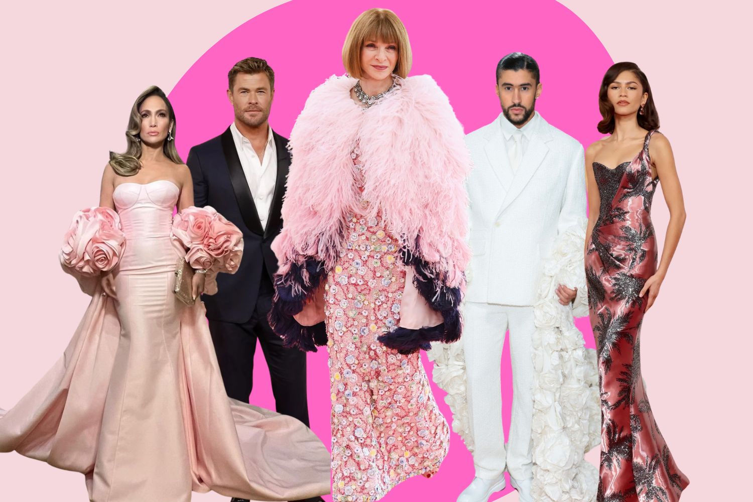 Anna Wintour with this year's Met Gala co-chairs Jennifer Lopez, Chris Hemsworth, Bad Bunny and Zendaya.