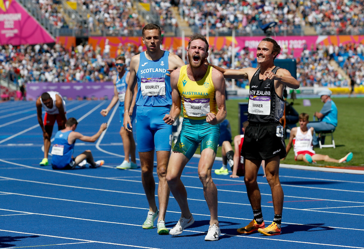 Ollie Hoare of Australia, pictured centre at the 2022 Commonwealth Games, became a speedsuit enthusiast by accident. Photo / Photosport
