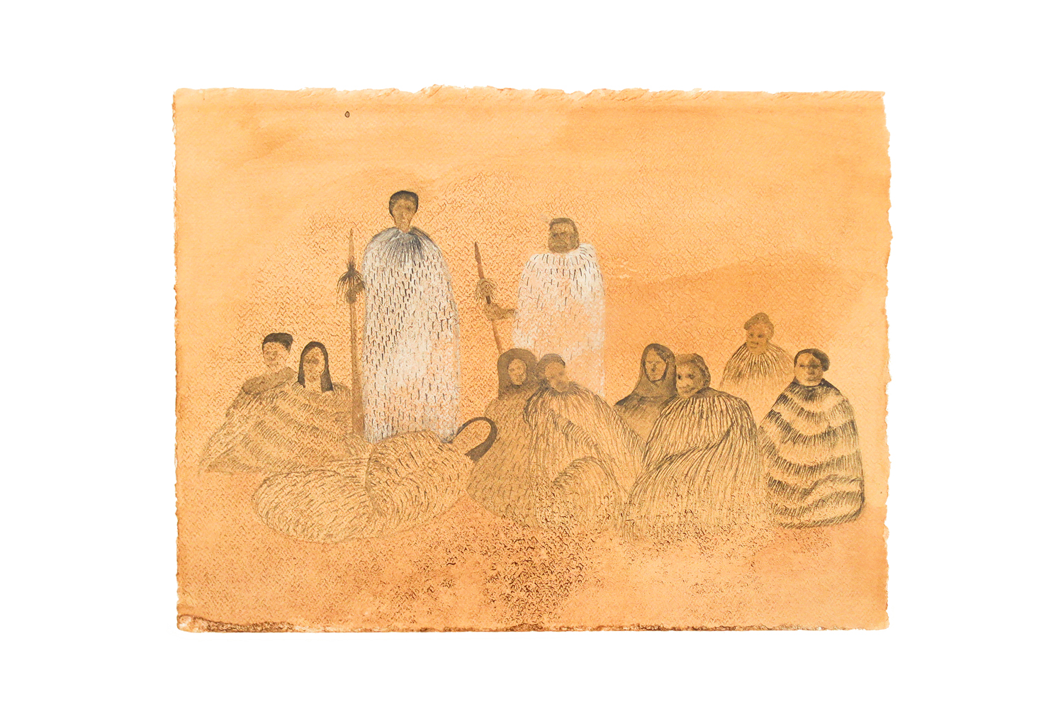 Aroha Gossage, ‘Whanau Series I’. Watercolour and ink on paper, 290 x 380mm, framed. Photo / Courtesy of the artist and Artis Gallery.