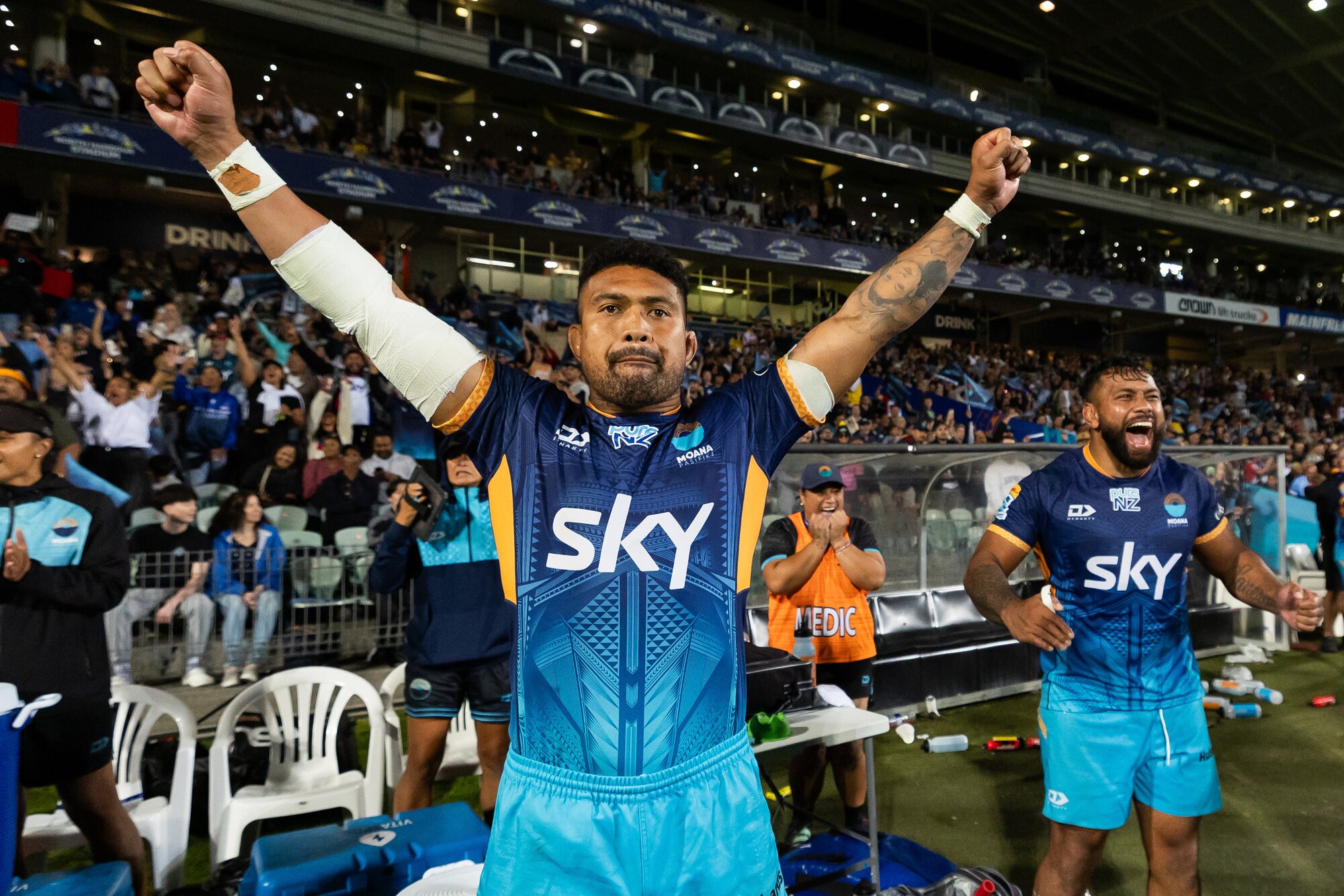 Former Moana Pasifika captain Ardie Savea celebrates their win over the Hurricanes last season. Photo / Photosport