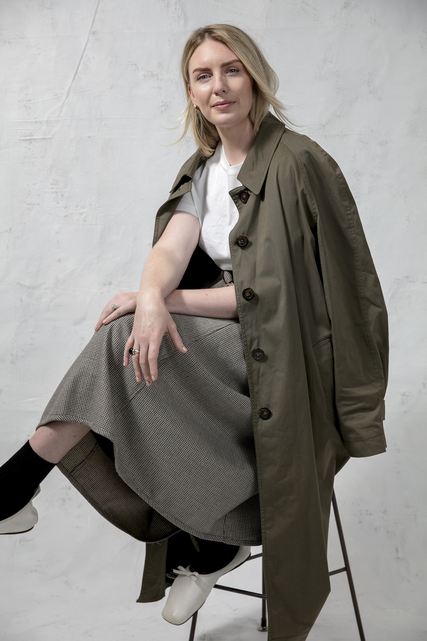 Bailey Meredith wears coat and skirt from Mrs Mia Wallace autumn/winter 2017. Photo / Babiche Martens