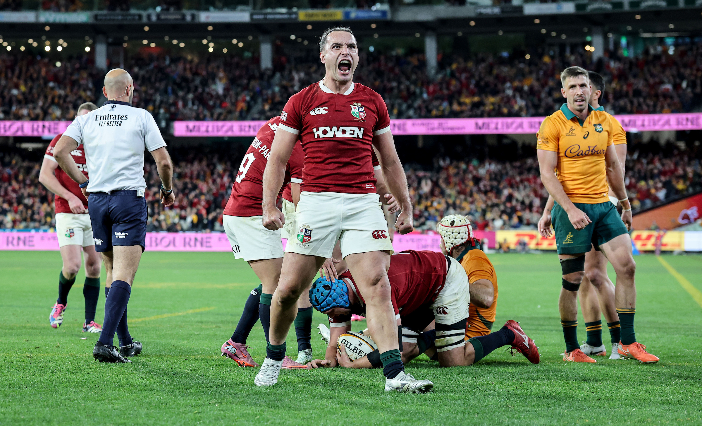 British and Irish Lions player James Lowe celebrates Tadhg Beirne’s try in the second test win over the Wallabies. Photo / Photosport