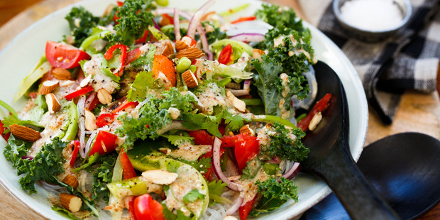 Tomato, kale and vermicelli salad with almond and honey dressing. Picture / Babiche Martens.