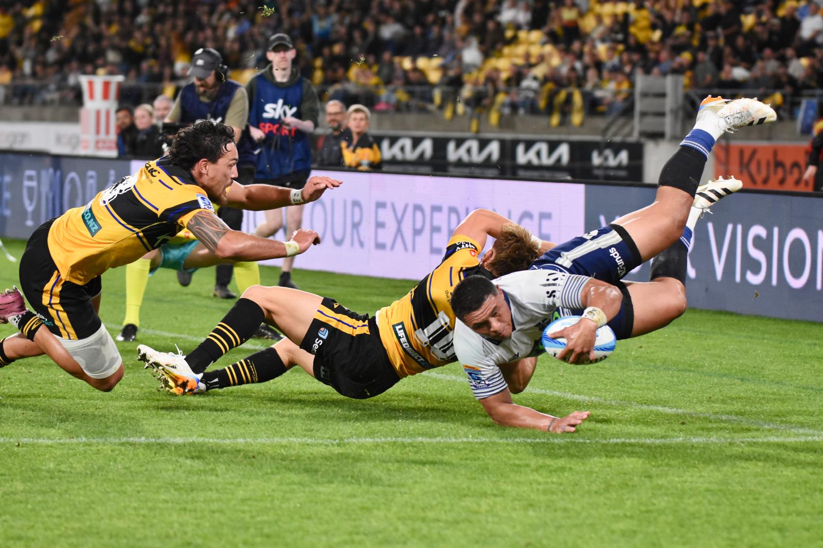 Caleb Clarke scored his try for the Blues. Photo / Brad Roberts