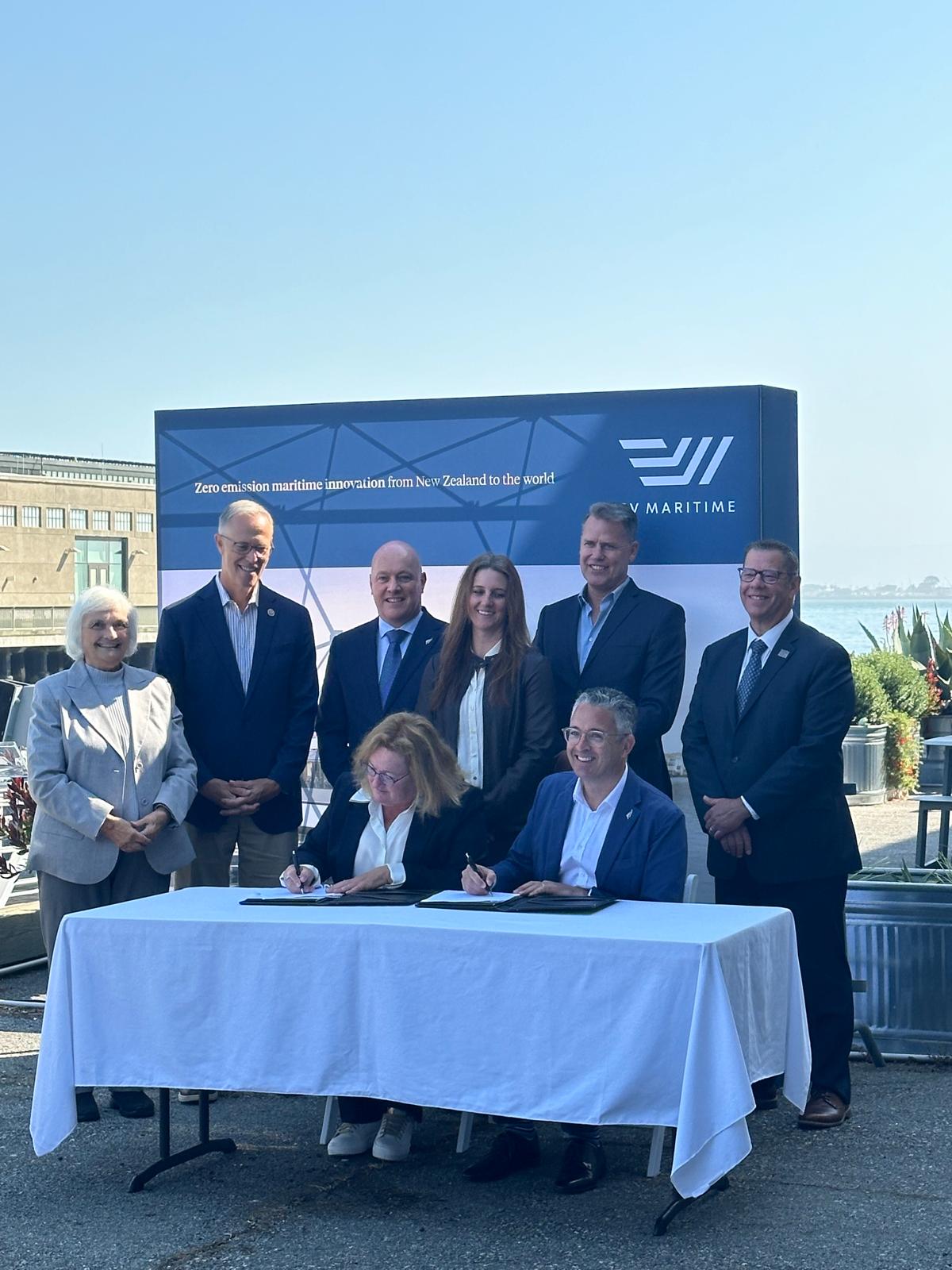 Pictured at EV Maritime's contract signing with Angel Island Tiburon Ferry in June last year are Alice Fredericks, Mayor of Tiburon (left), Jarred Huffman, US Representative for California’s 2nd congressional district, New Zealand Prime Minister Christopher Luxon, Angel Island Tiburon Ferry managing director Maggie McDonogh, Angel Island Tiburon Ferry operations manager Ashley Kristensen, EV Maritime chairman Damian Camp, EV Maritime co-founder and CEO Michael Eaglen, and California Air Resources Board executive officer Steven Cliff. Photo / Supplied