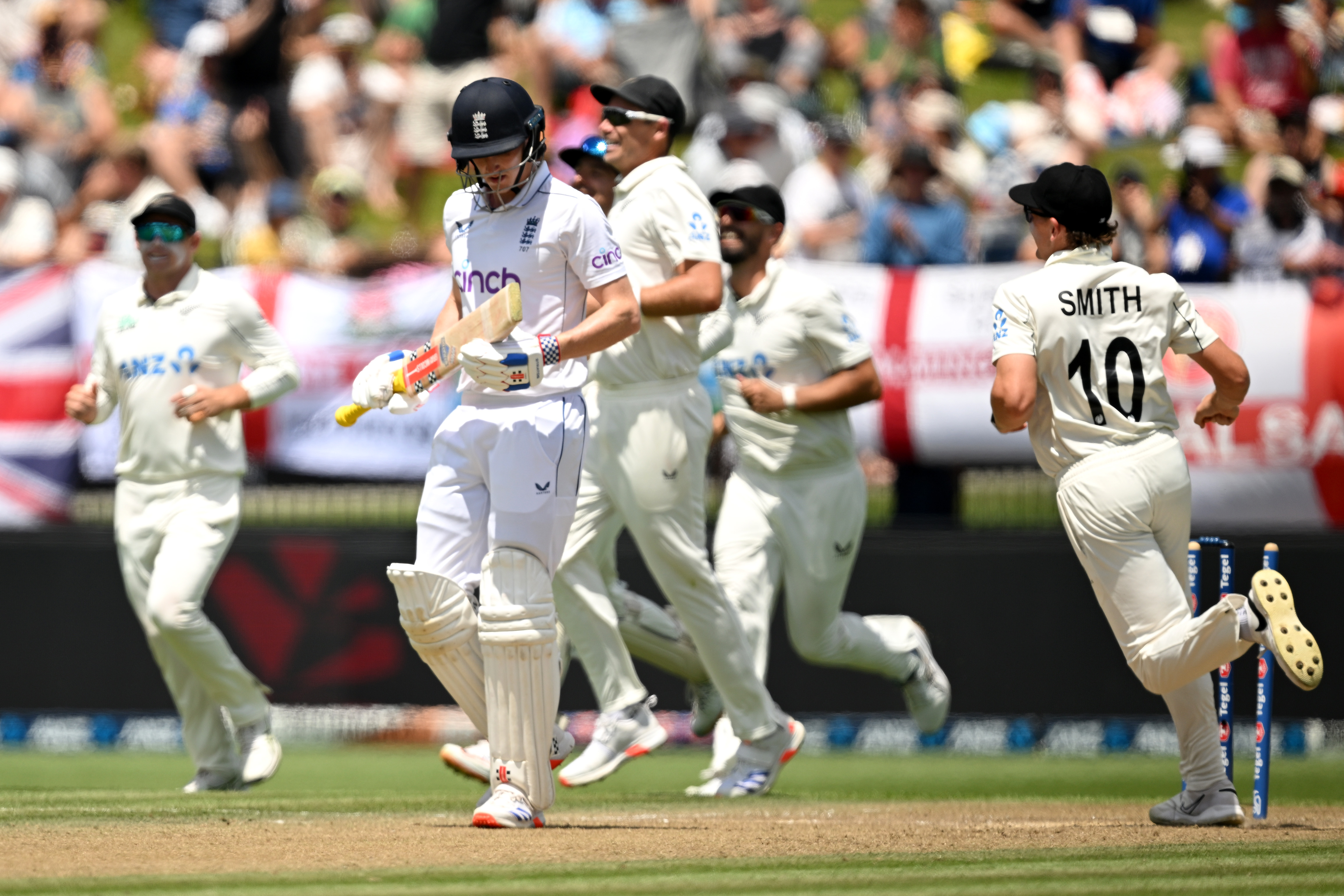 Harry Brook is dismissed by Will O'Rourke on day two of the third test. Photo / Getty Images