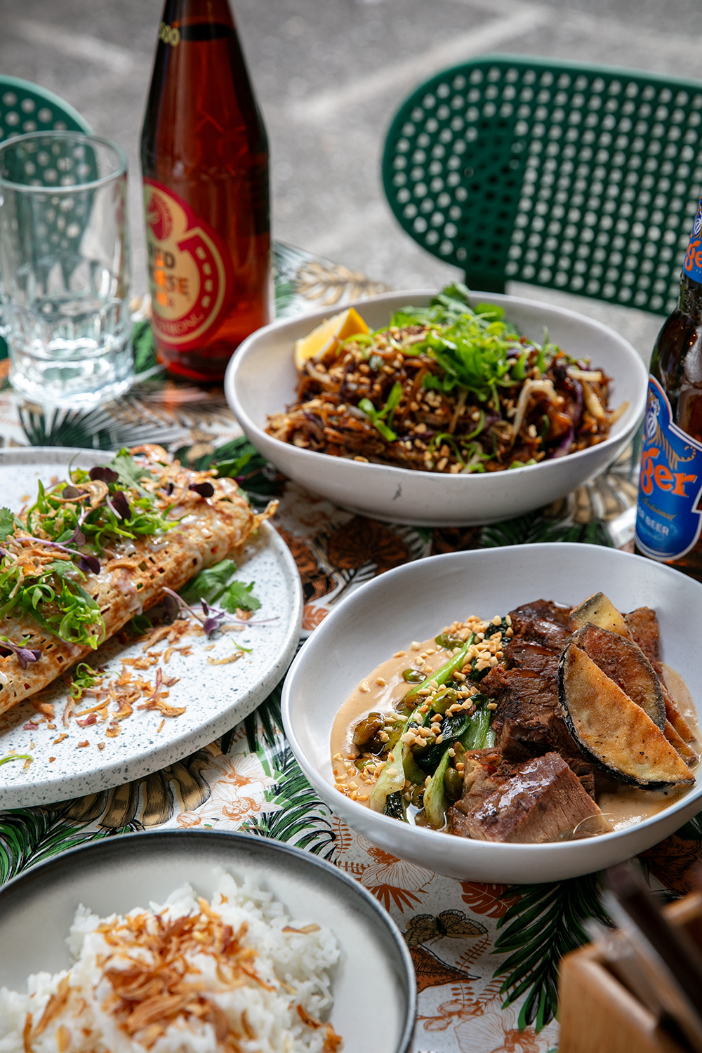 The prawn sambal pancake, tofu mie goreng and beef brisket on the menu at Hidden Village restaurant in Ponsonby Central. Photo / Babiche Martens
