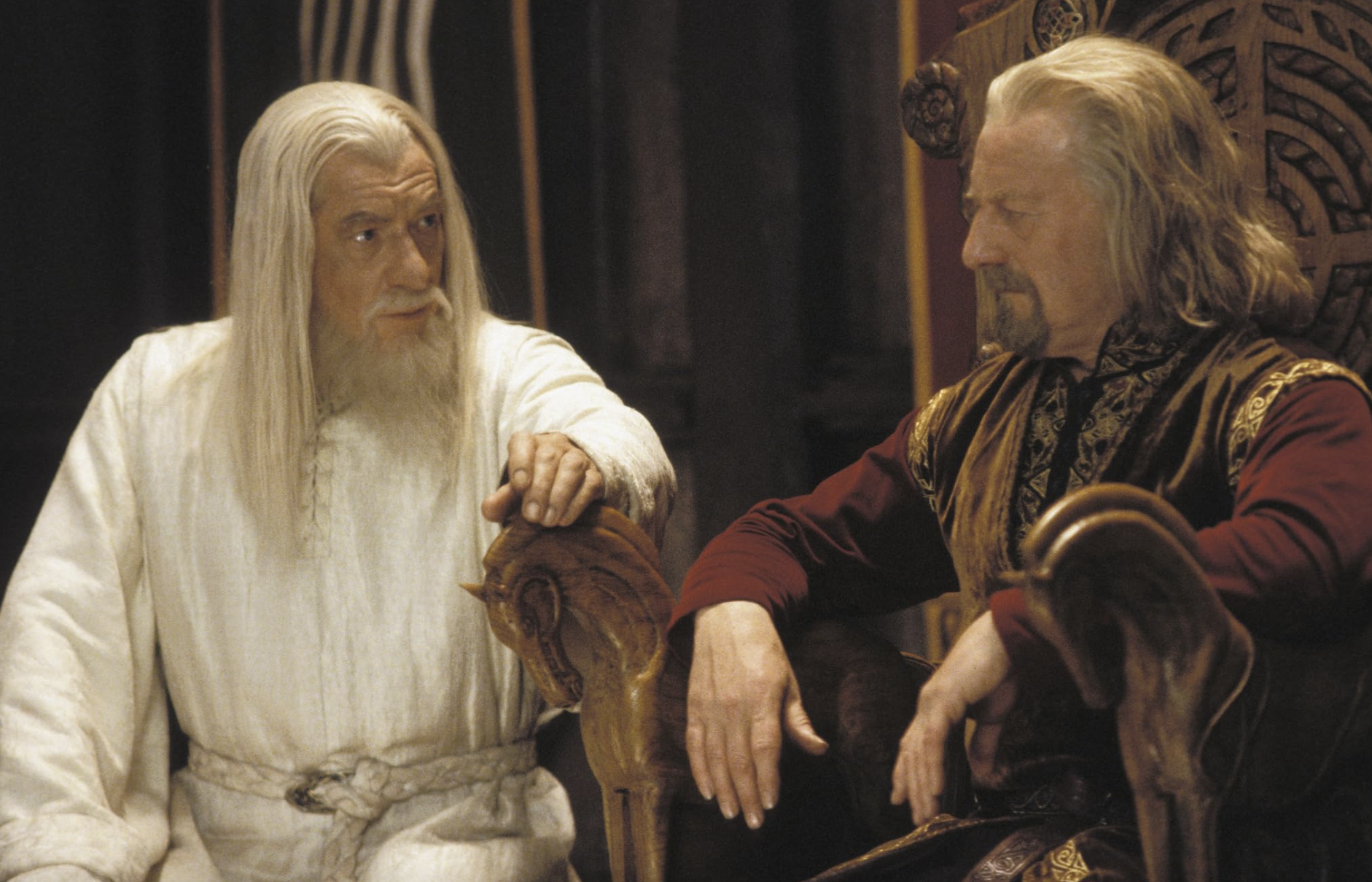 Ian McKellen and Bernard Hill in The Lord of the Rings: The Two Towers in 2002.