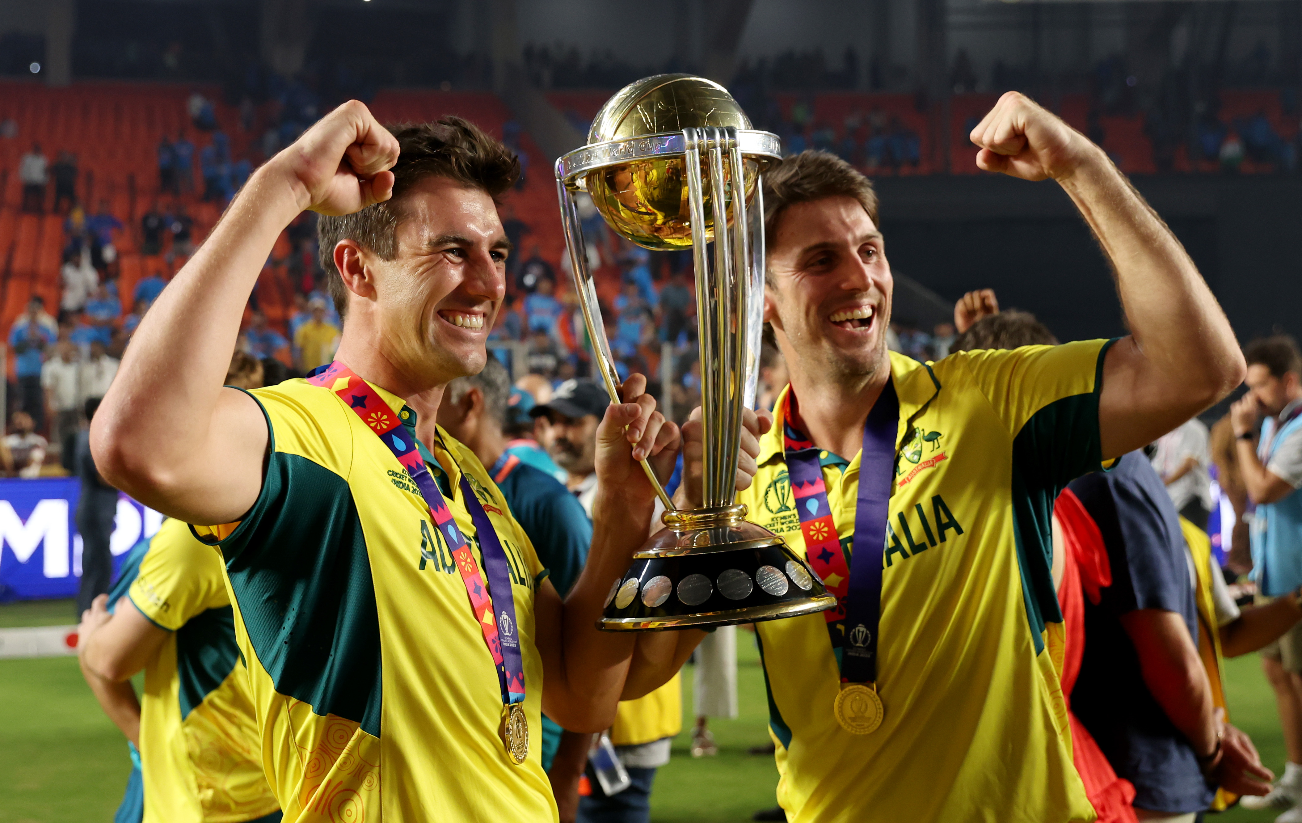 Pat Cummins and Mitch Marsh of Australia pose with the ICC Cricket World Cup Trophy. Photo / Getty Images