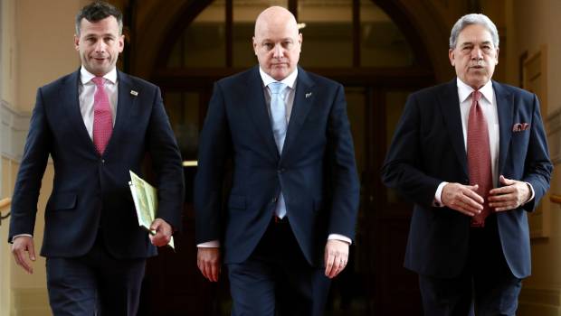 Act leader David Seymour, National leader Christopher Luxon and New Zealand First leader Winston Peters walk to the signing ceremony to announce their new Government. Photo / Mark Mitchell