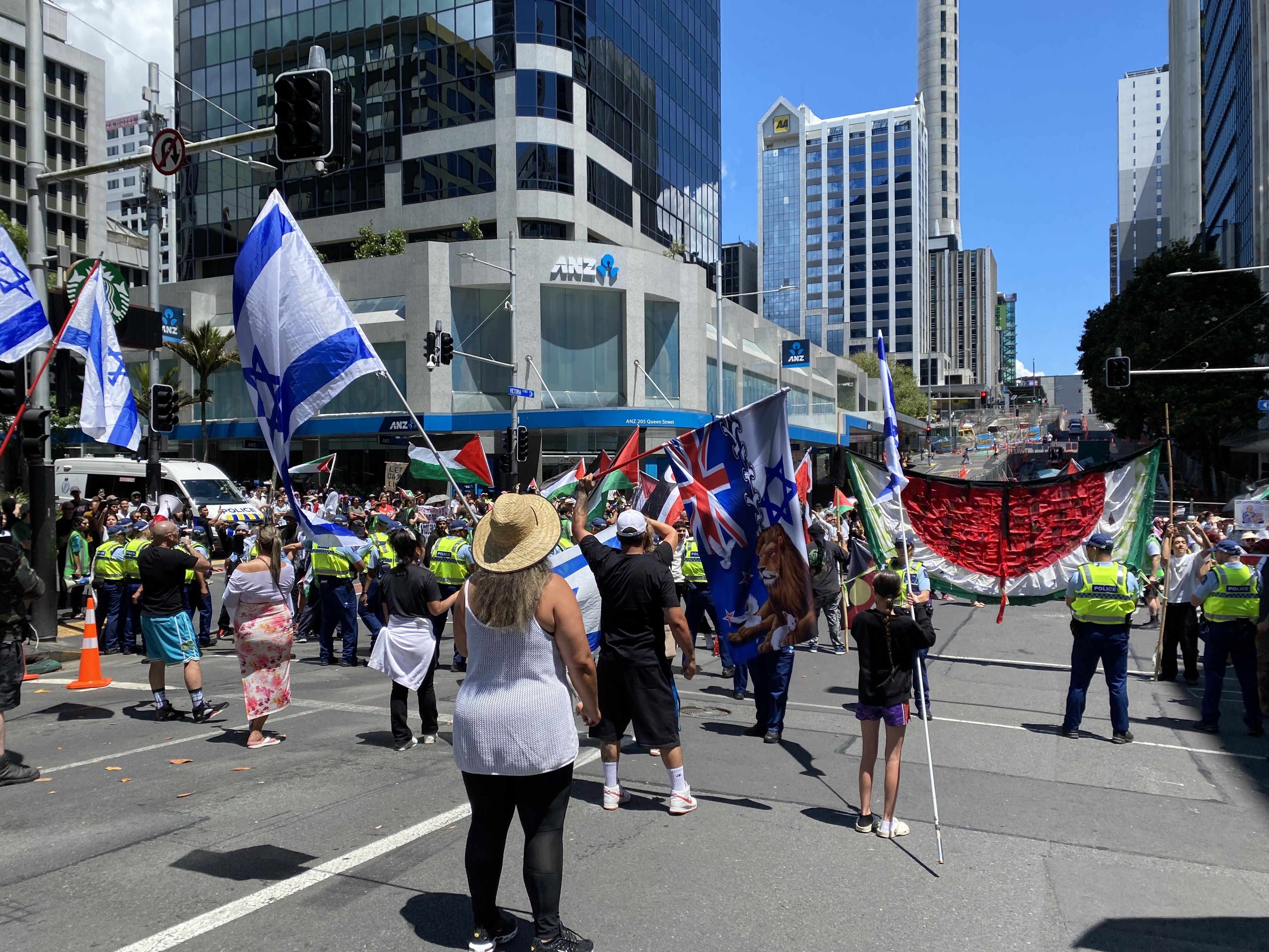 Pro-Israel counter protesters shouting down group demanding an end to war in Gaza. Photo / Tom Dillane