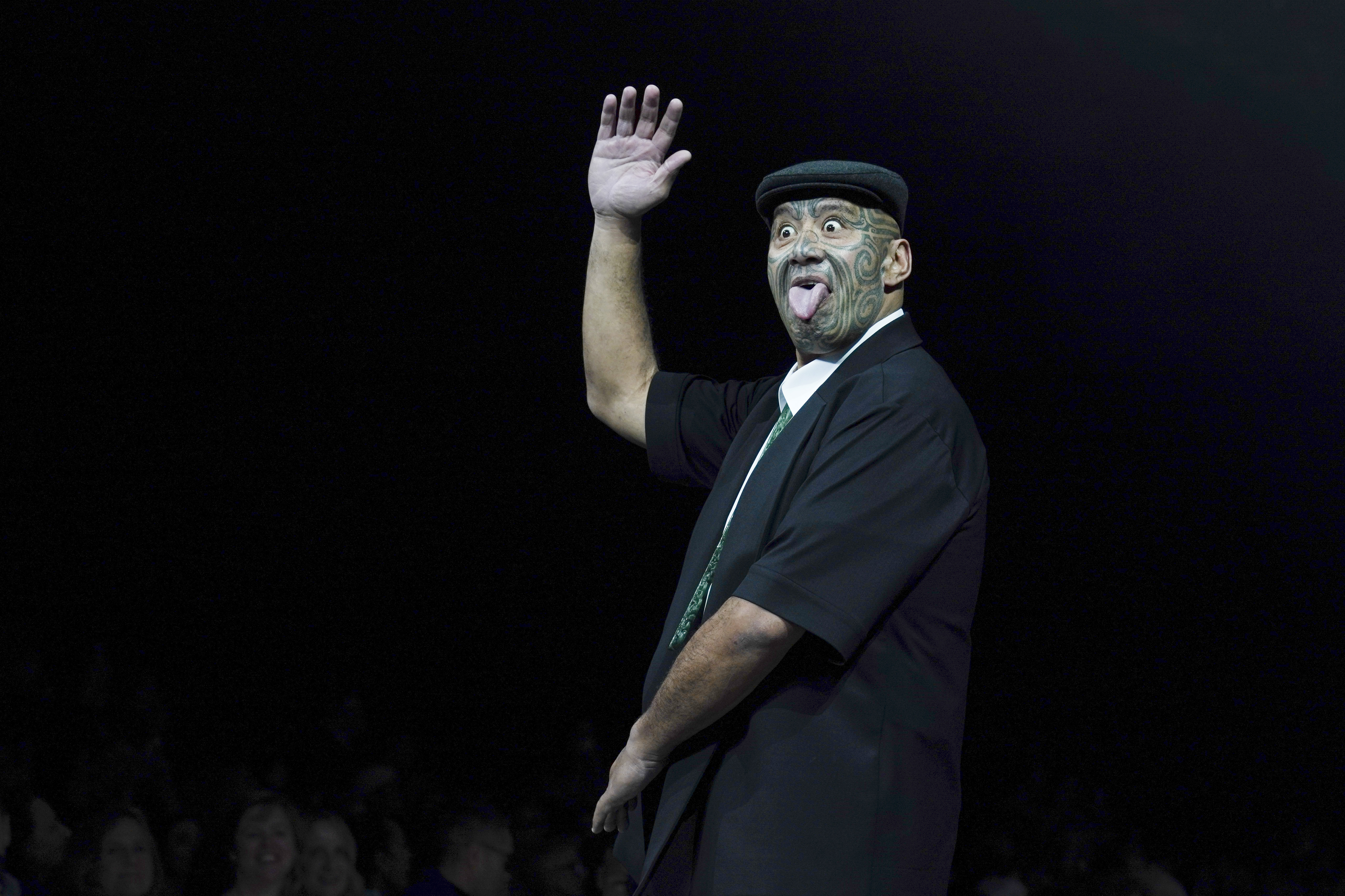 Rawiri Waititi walks the runway during the Kiri Nathan show at New Zealand Fashion Week 23: Kahuria. Photo / Getty Images