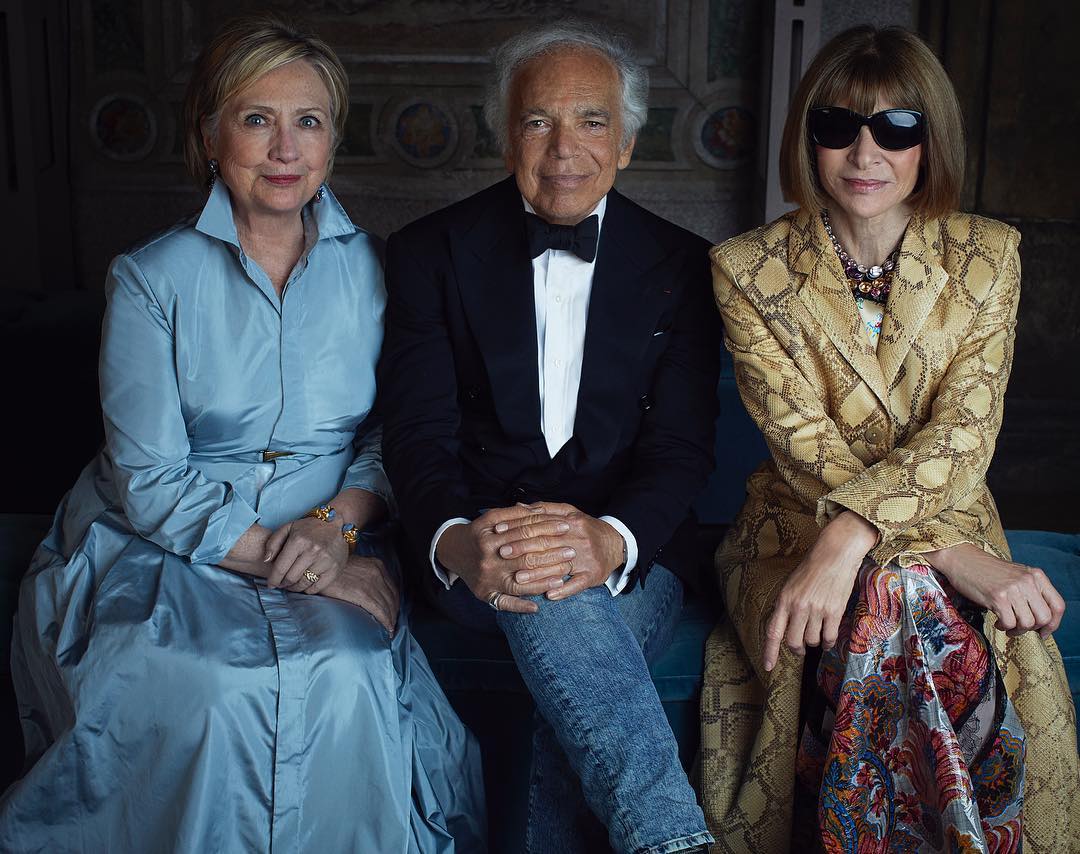(From left) Hillary Clinton, Ralph Lauren and Anna Wintour during the 50th Anniversary Show. Photo / @ralphlauren