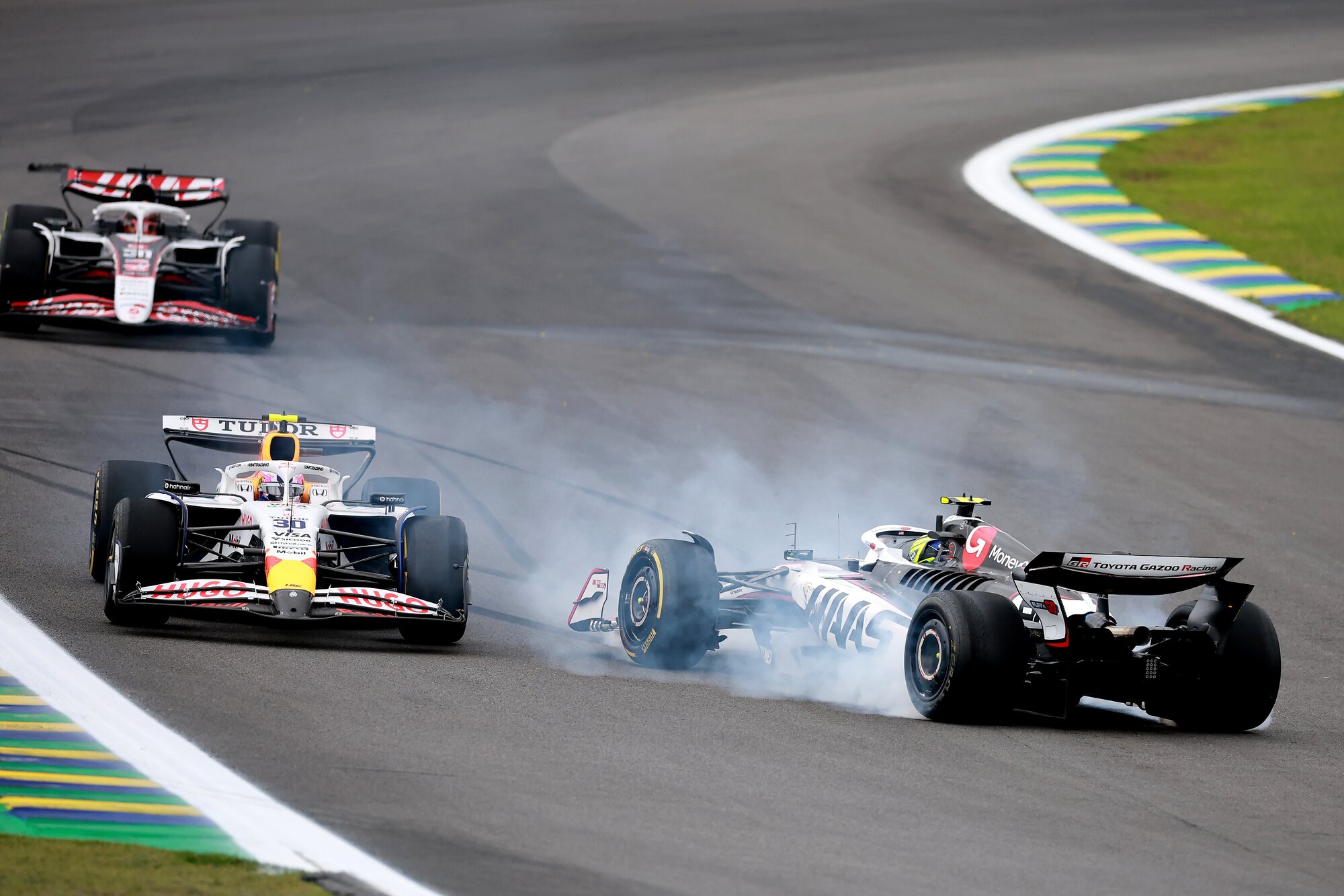 Liam Lawson made contact with Oliver Bearman into turn four of the first lap of the Sao Paulo sprint race. Photo / Red Bull Content Pool