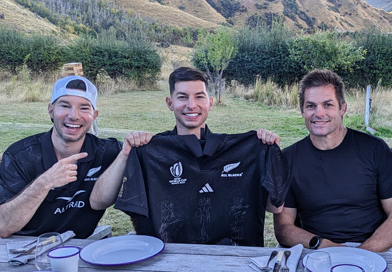 Dude Perfect (left and centre), with Richie McCaw, promote a new partnership with the All Blacks.