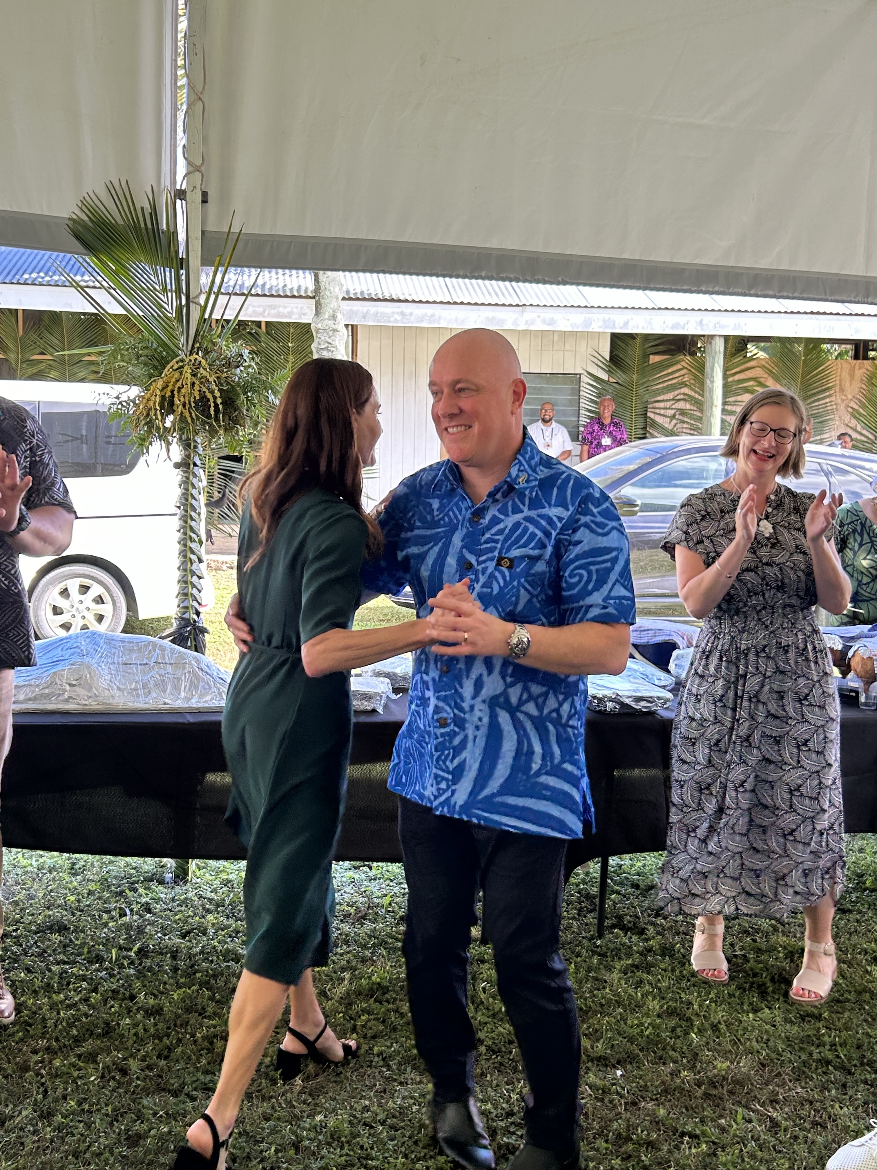 PM Christopher Luxon and wife Amanda have a dance ahead of a village-hosted lunch in Niue. Photo / Adam Pearse