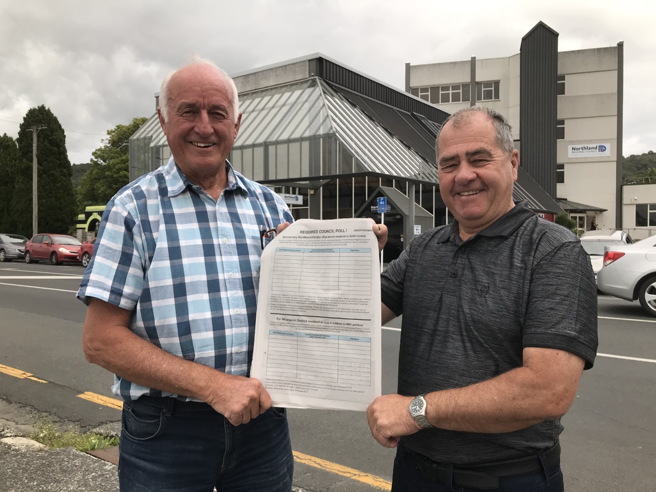 Democracy Northland campaigners John Bain and Robin Grieve - outside the Northland Regional Council office - are spearheading opposition to Māori wards in Northland.