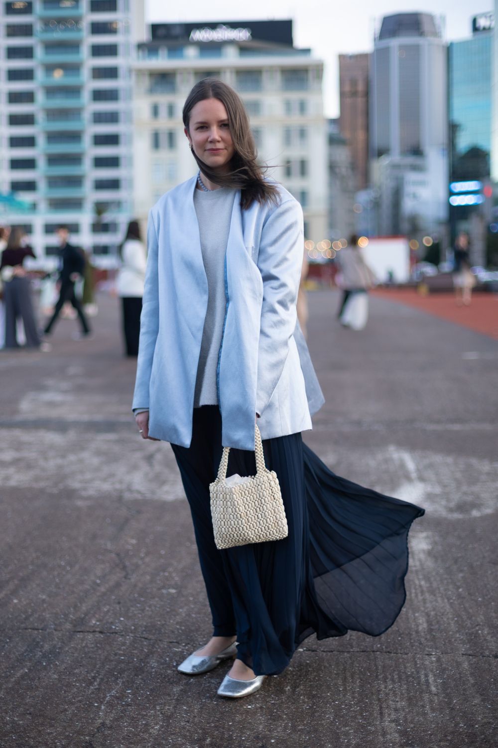 Lucy Slight wears a Harris Tapper blazer from a sample sale and a jumper from the brand. The skirt is very old Juliette Hogan 