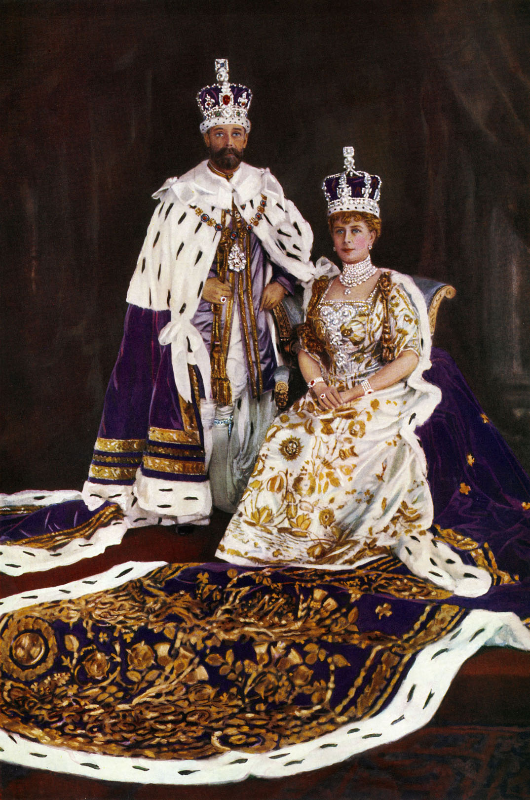 King George V and Queen Mary - who wears the Crown of Queen Mary - in coronation regalia, 1910. Photo / Getty Images