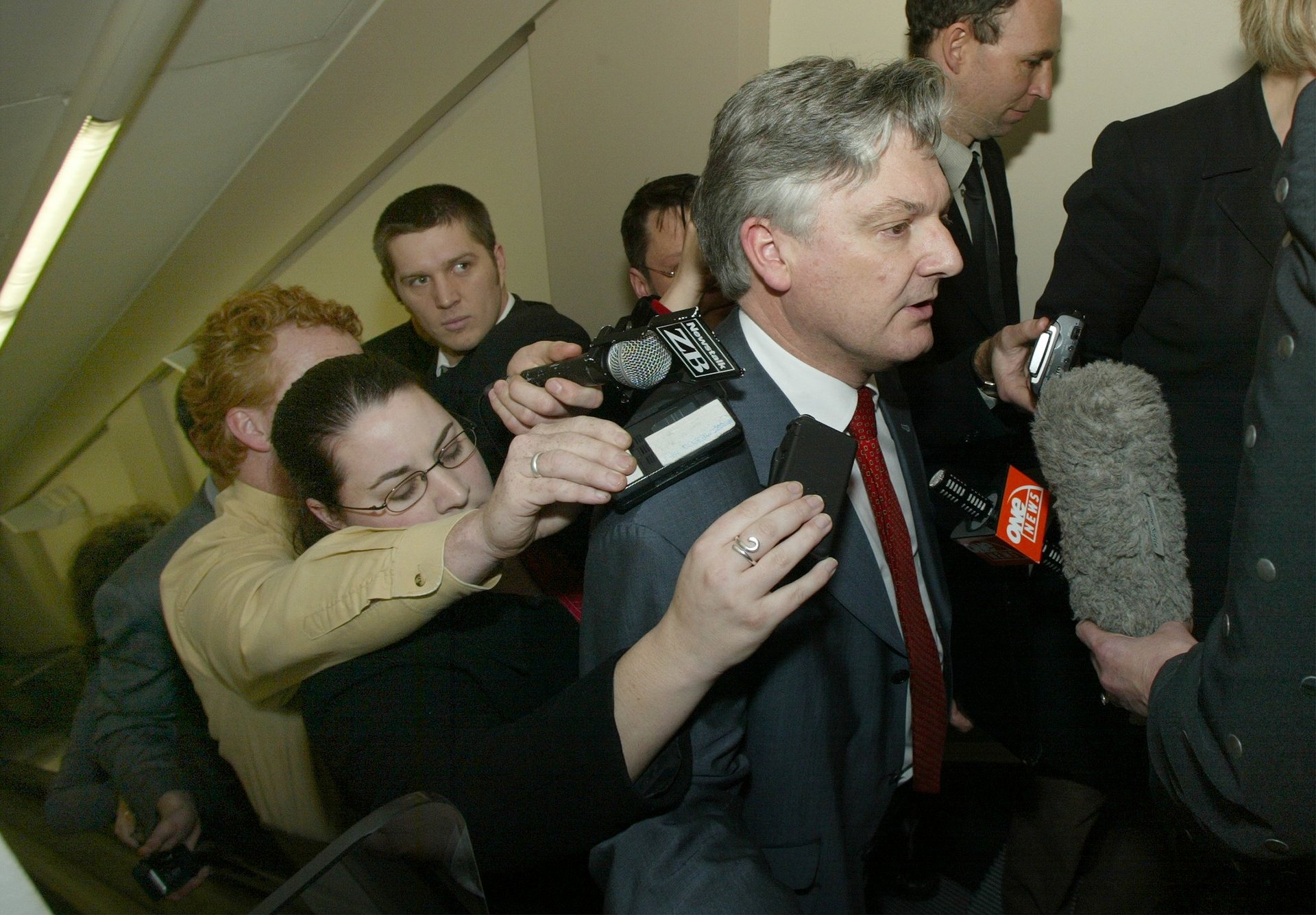 Press Gallery reporters escort United Future leader Peter Dunne to talks with Helen Clark after the 2002 election. Photo / Mark Mitchell
