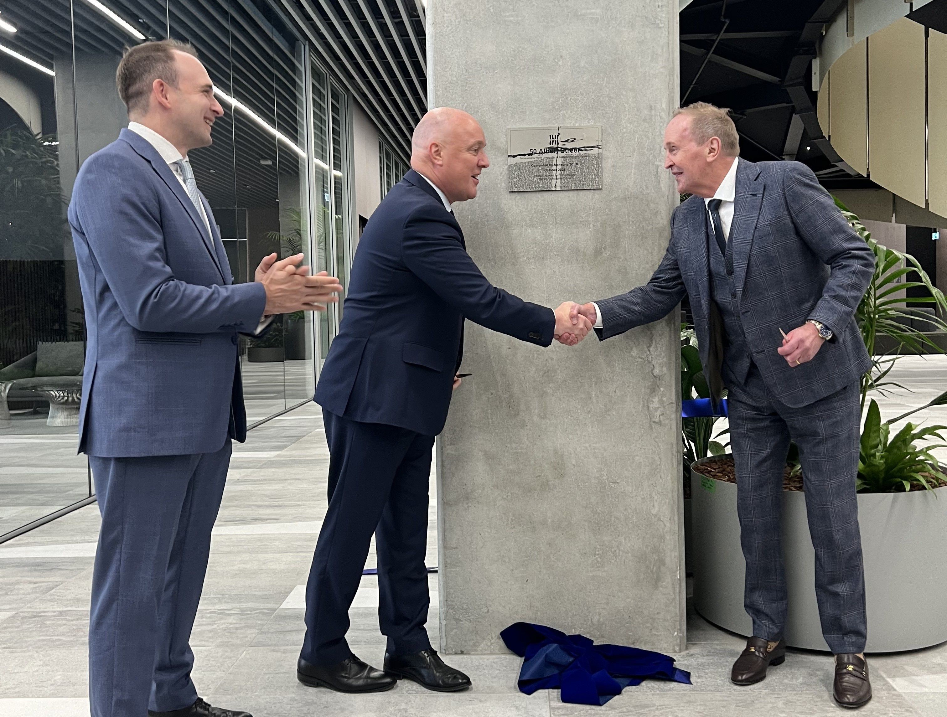 Dimis Vavougyios of PAG, Prime Minister Christopher Luxon and Ted Manson of the Ted Manson Foundation and Mansons TCLM at the October 2024 opening of the new building at 50 Albert St. Photo / Mansons TCLM