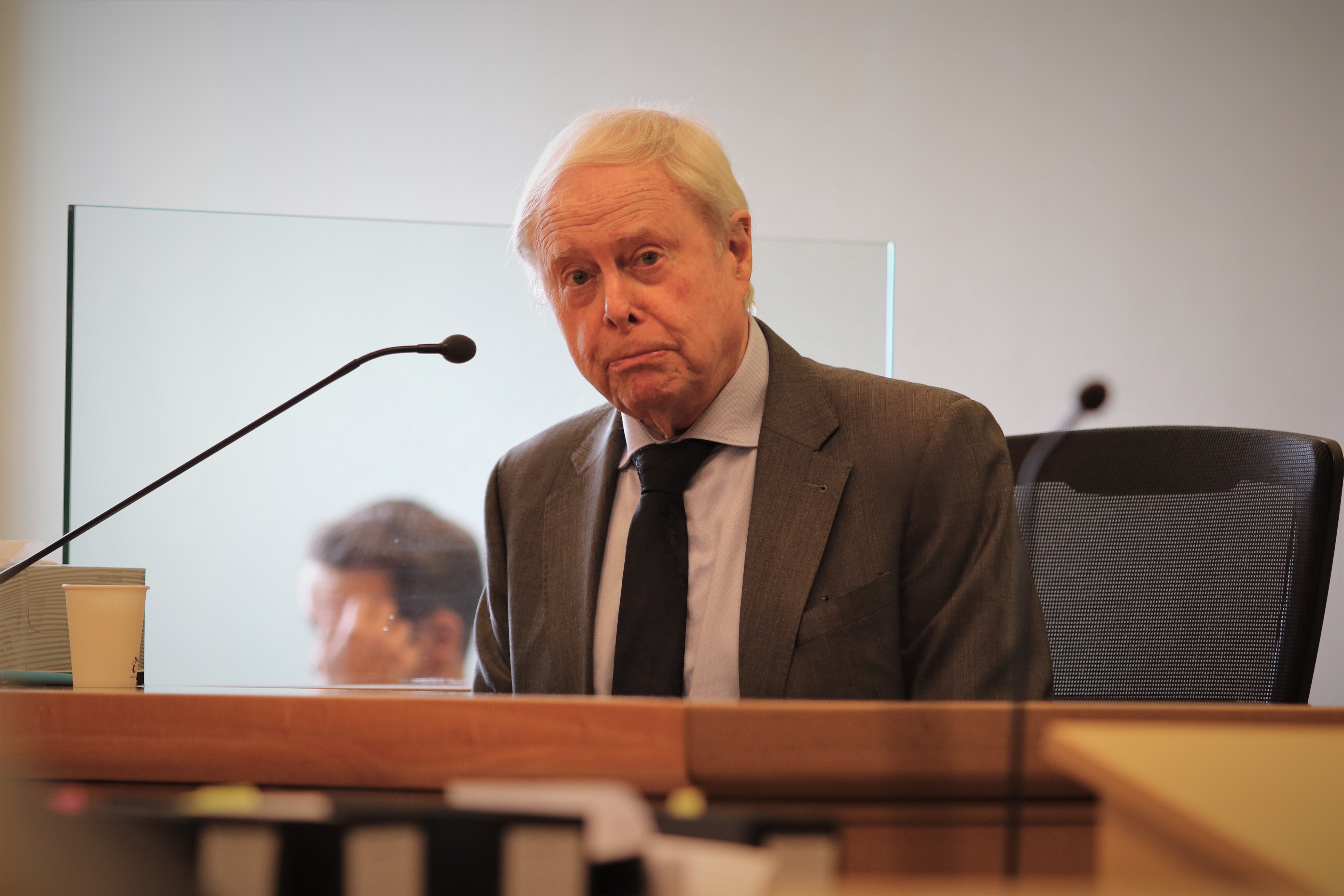 Sir James Wallace gives evidence during his trial in the High Court at Auckland. Photo / Sam Hurley