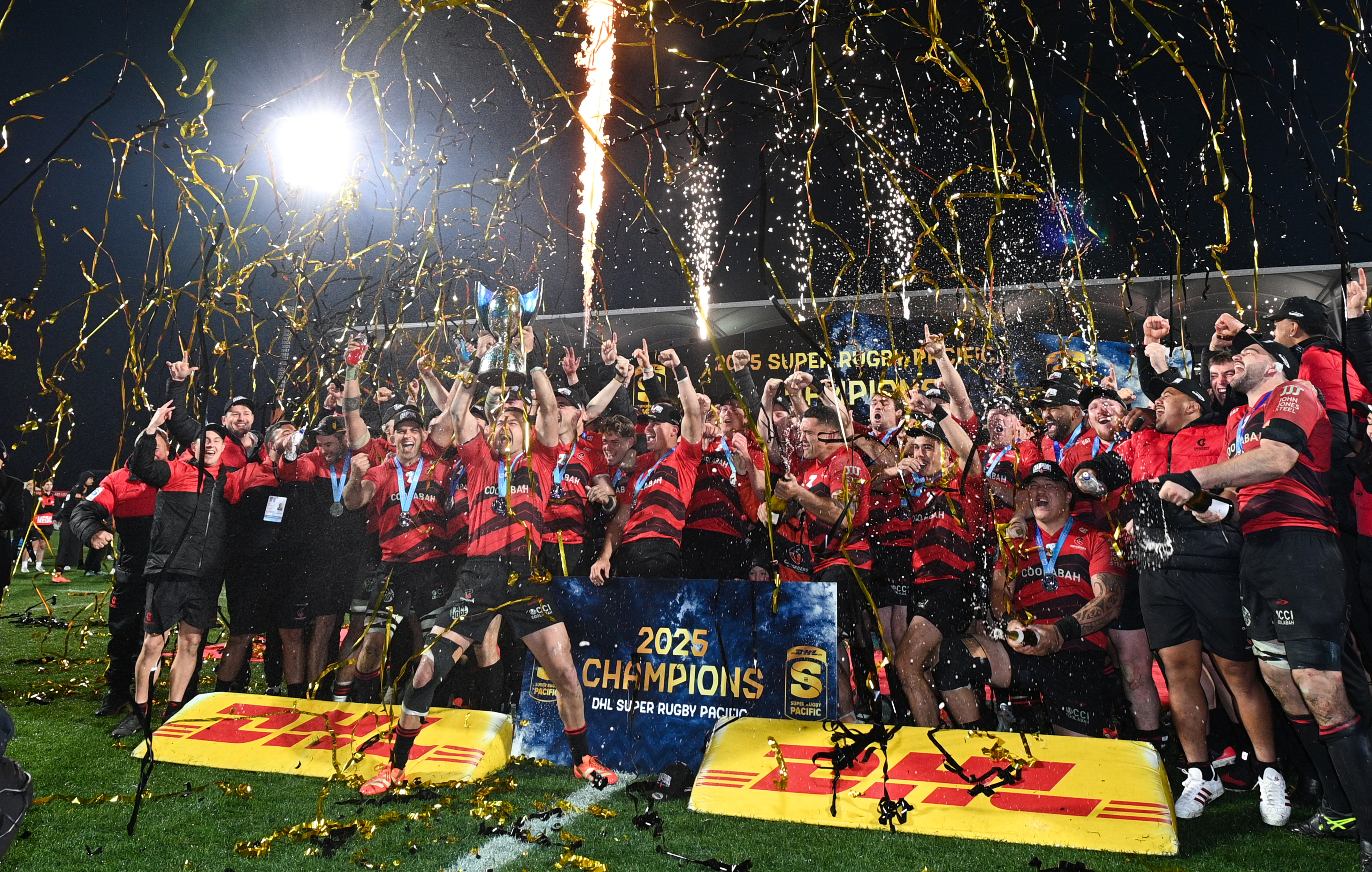 The Crusaders celebrate their 2025 Super Rugby Pacific title. Photo / Photosport