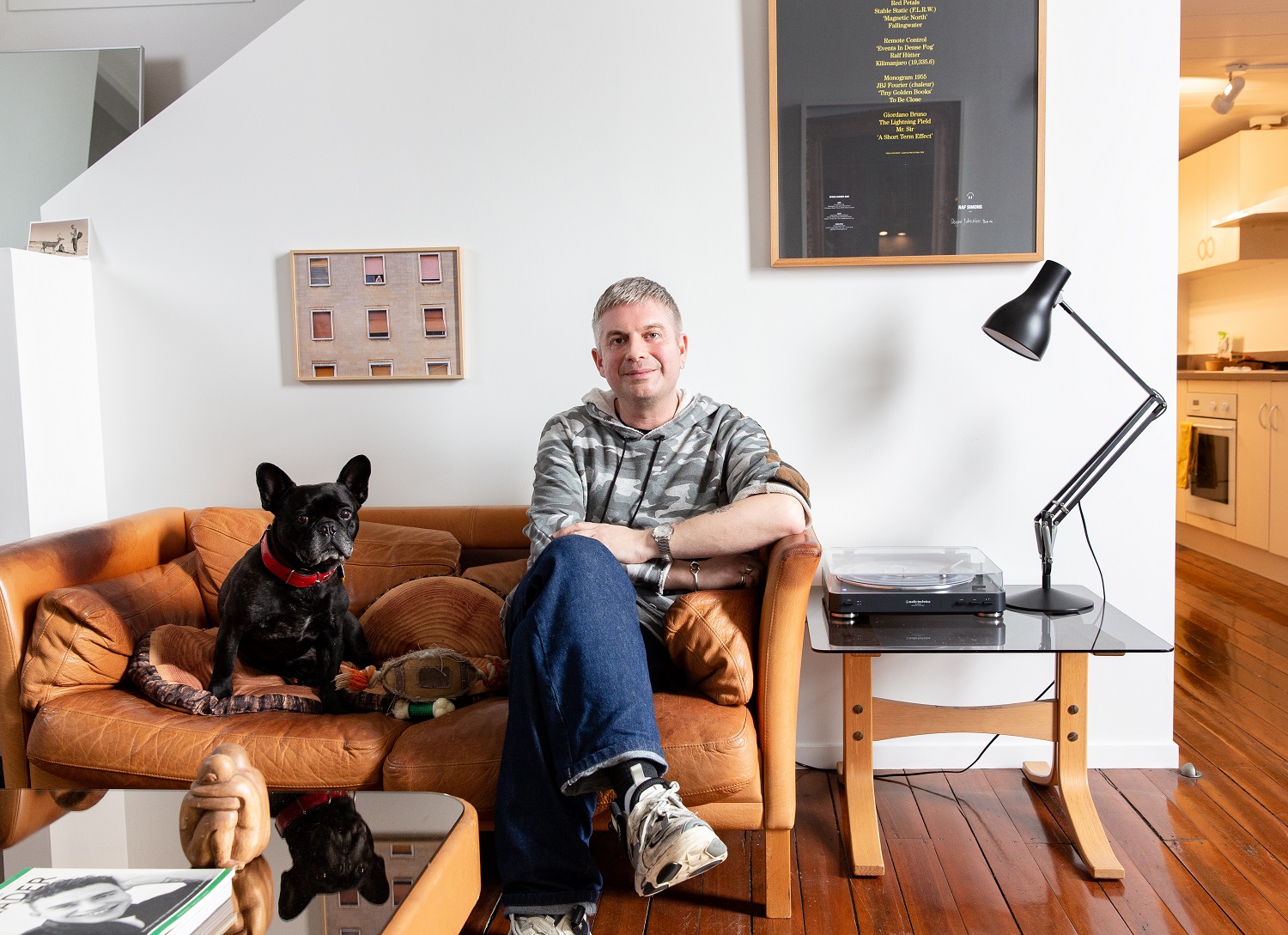 Dayne Johnston and French bulldog Angus. Photo / Babiche Martens