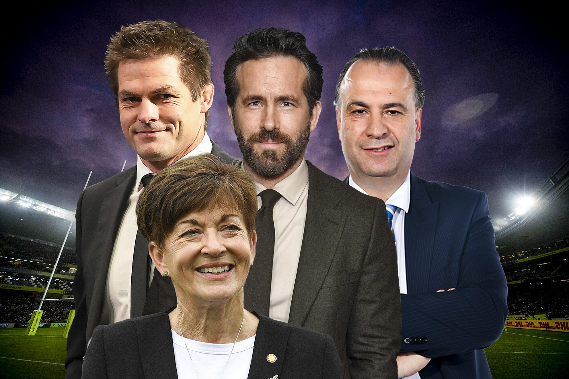 Eden Park at night with Richie McCaw, Ryan Reynolds, Peter V'Landys and Dame Patsy Reynolds.
Credits; Dean Purcell, Photosport, Getty Images
