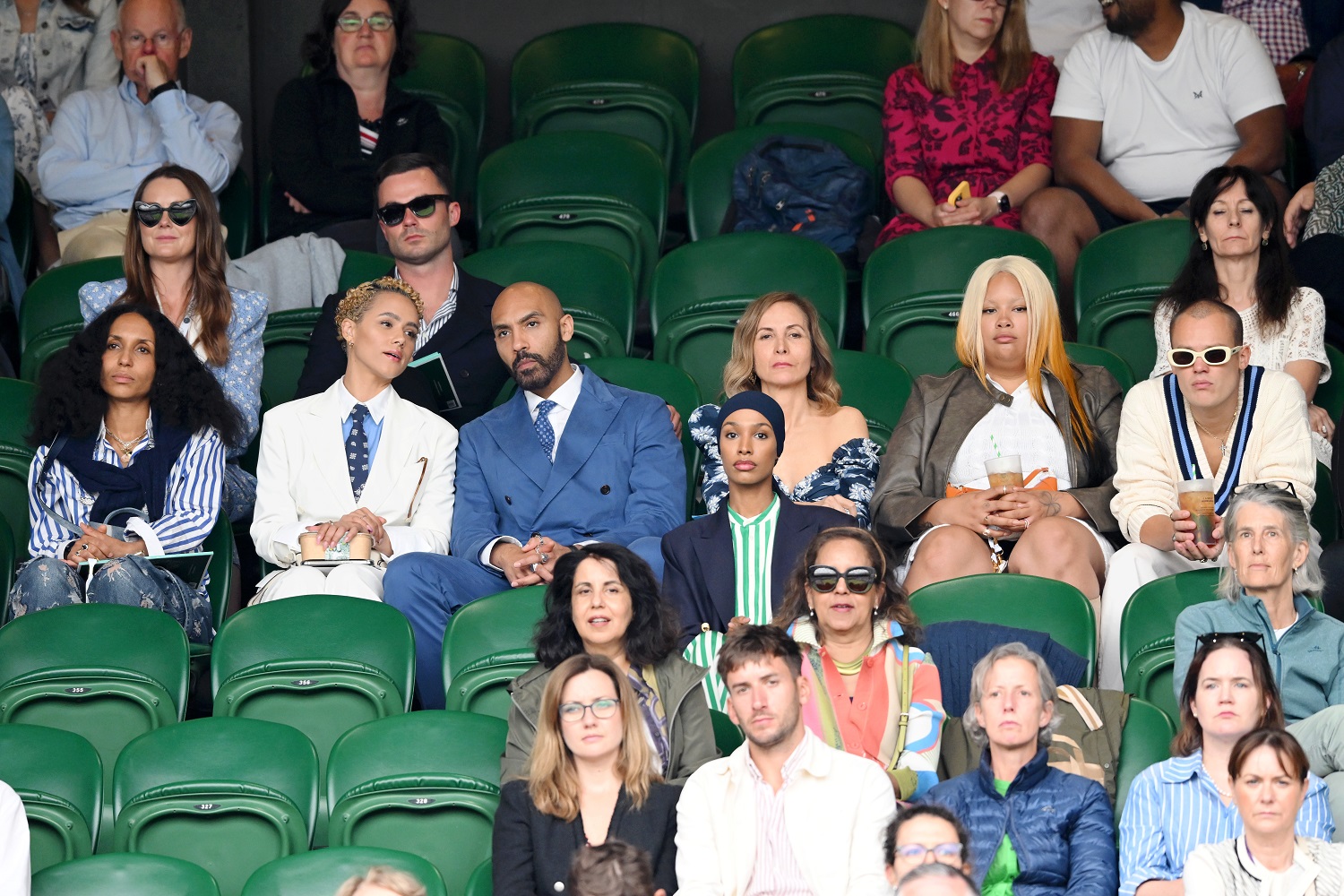 Chioma Nnadi, Nathalie Emmanuel, Alex Lanipekun, Ikram Abdi Omar, Natalia Gamero del Castillo, Shygirl and George Smale attend day eight of the Wimbledon Tennis Championships at the All England Lawn Tennis and Croquet Club on July 08, 2024 in London, England. (Photo by Karwai Tang/WireImage)