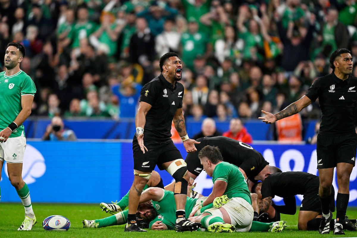 Ardie Savea wins a penalty during the quarter-final win over Ireland at Stade de France. Photo / Photosport