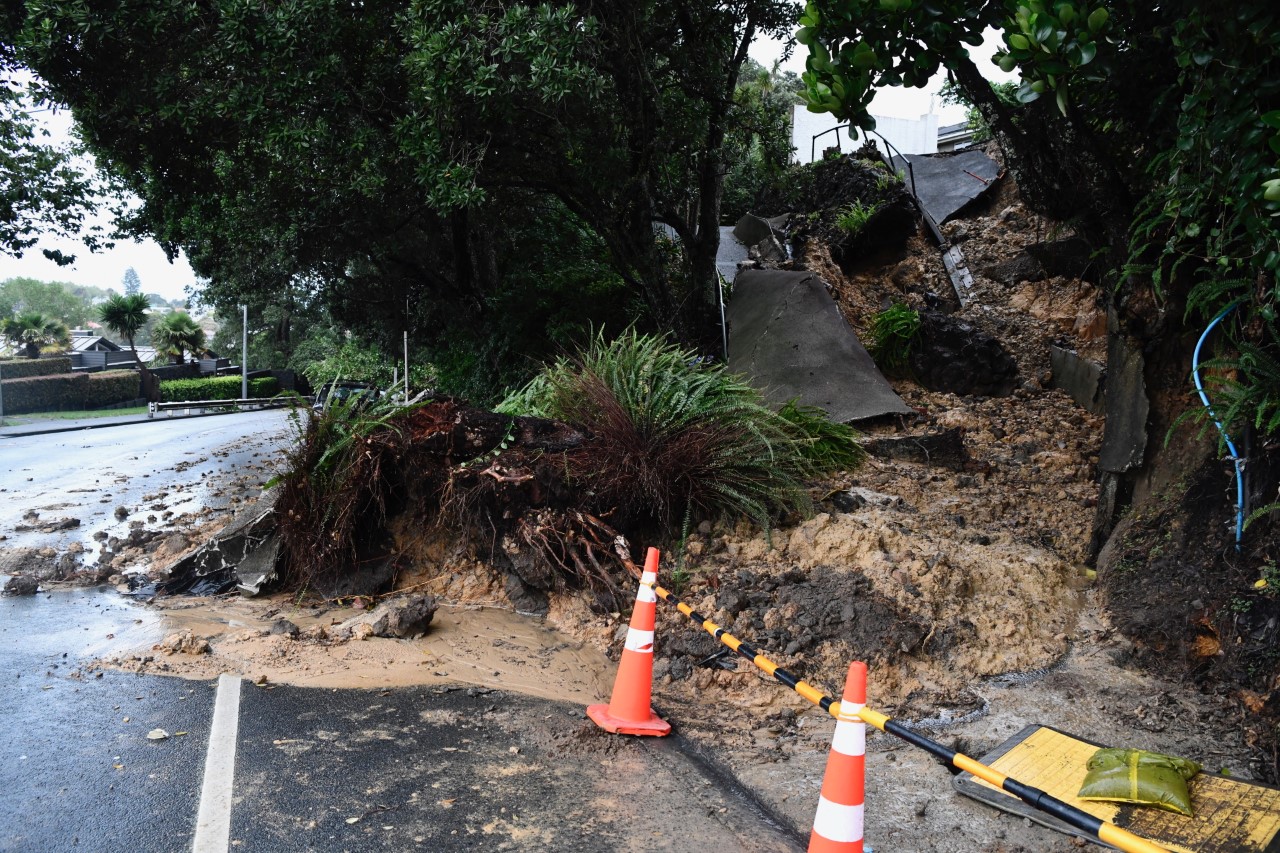 A driveway collapsed during a slip at West End Rd, Herne Bay. Photo / Mark Allen
