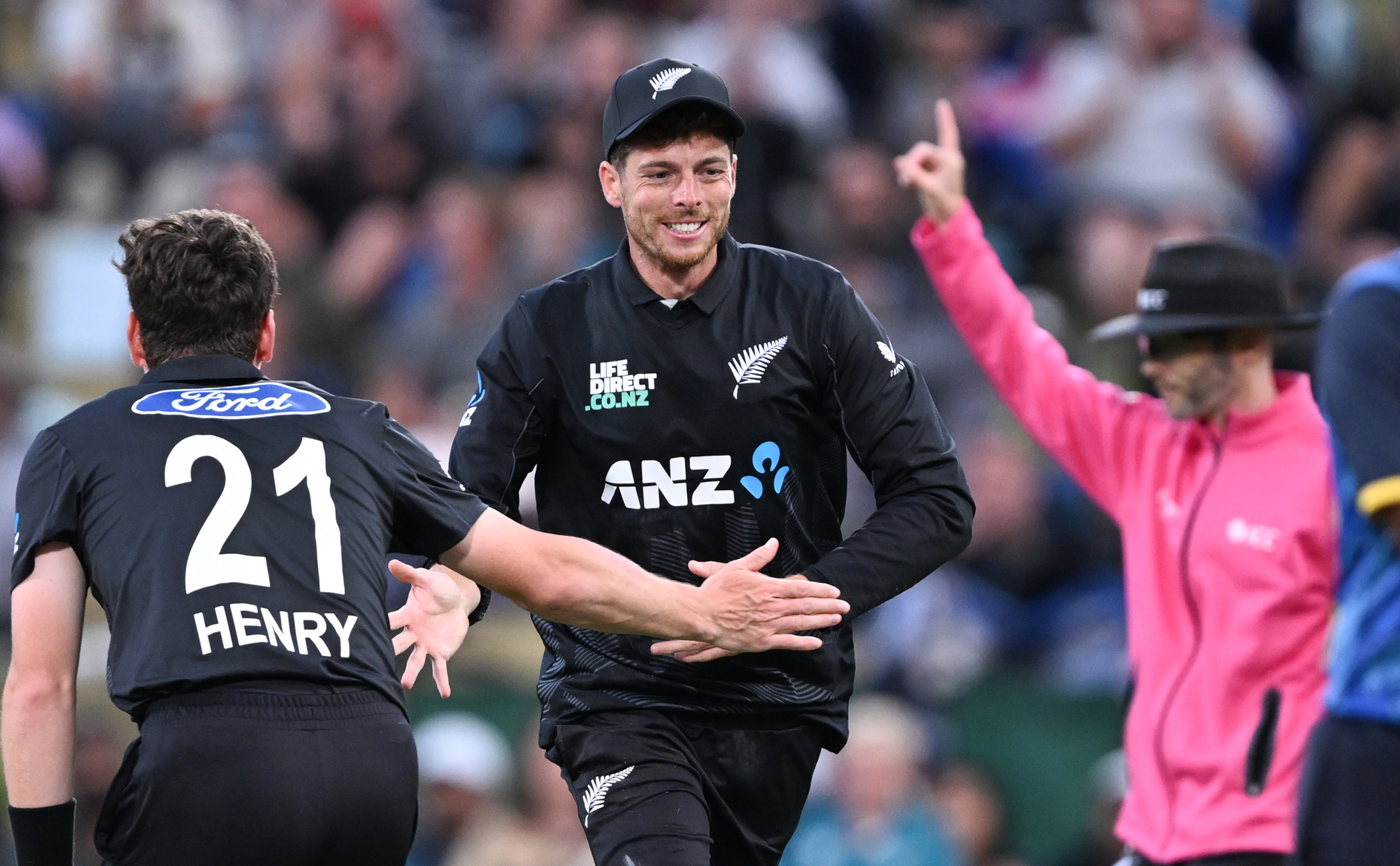 Mitchell Santner celebrates his runout of Sri Lanka captain Charith Asalanka. Photo / Photosport