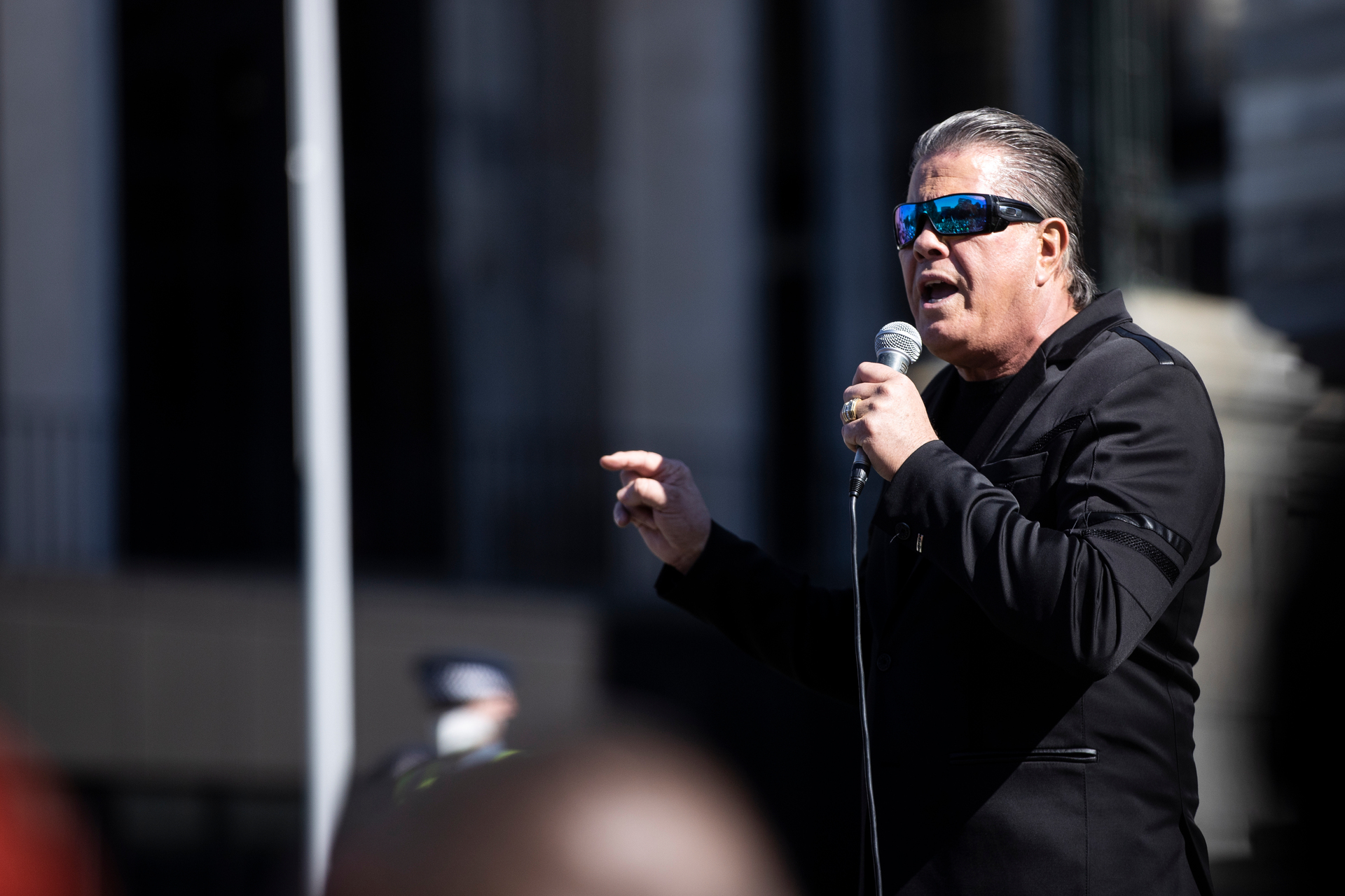 Brian Tamaki, of Destiny Church, addressing the crowd at Tuesday's protest. Photo / George Heard