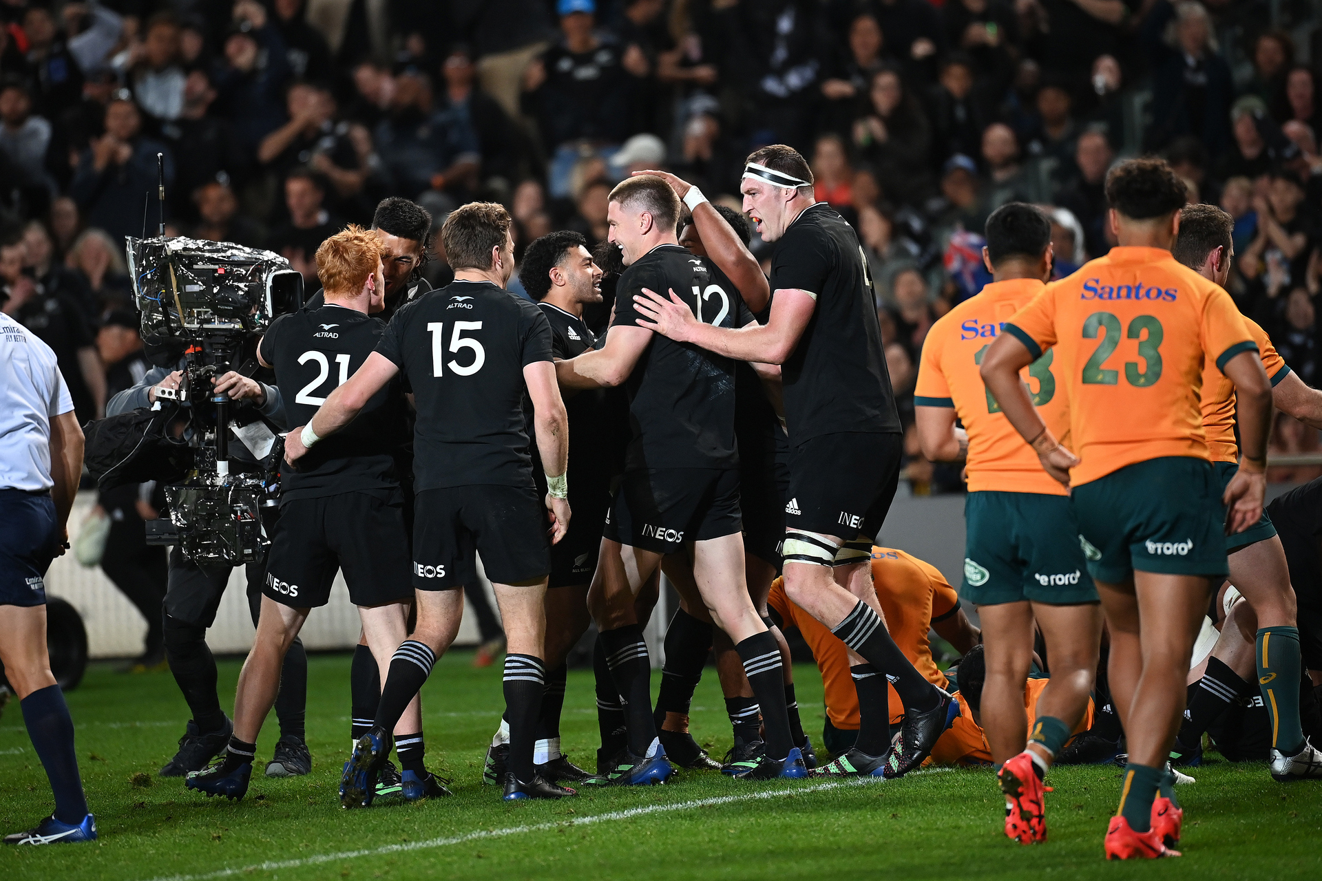 The All Blacks celebrate Samisoni Taukei'aho's try. Photo / photosport.nz